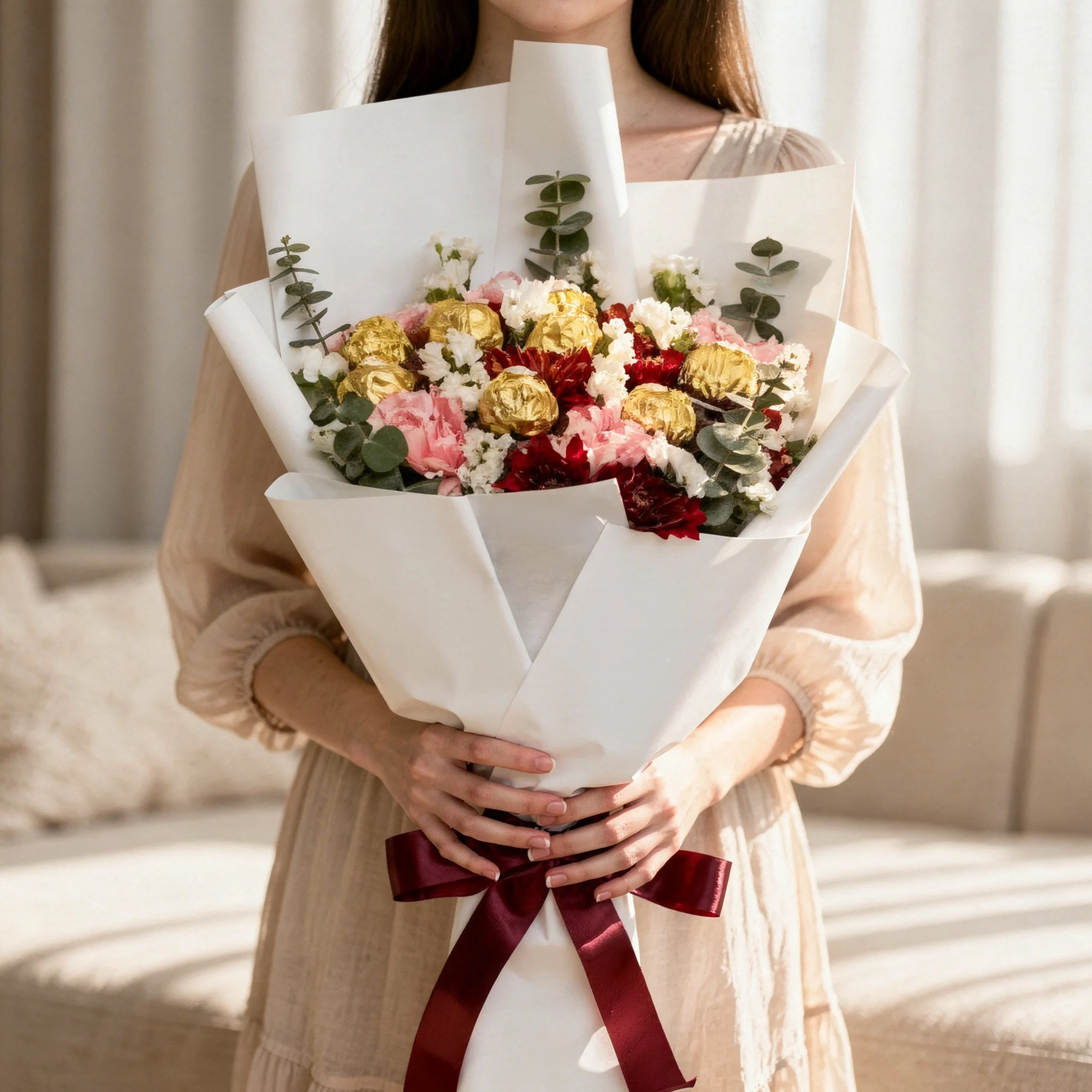 Ferrero Floral Bouquet with 16 Ferrero Rocher chocolates, pink and red carnations