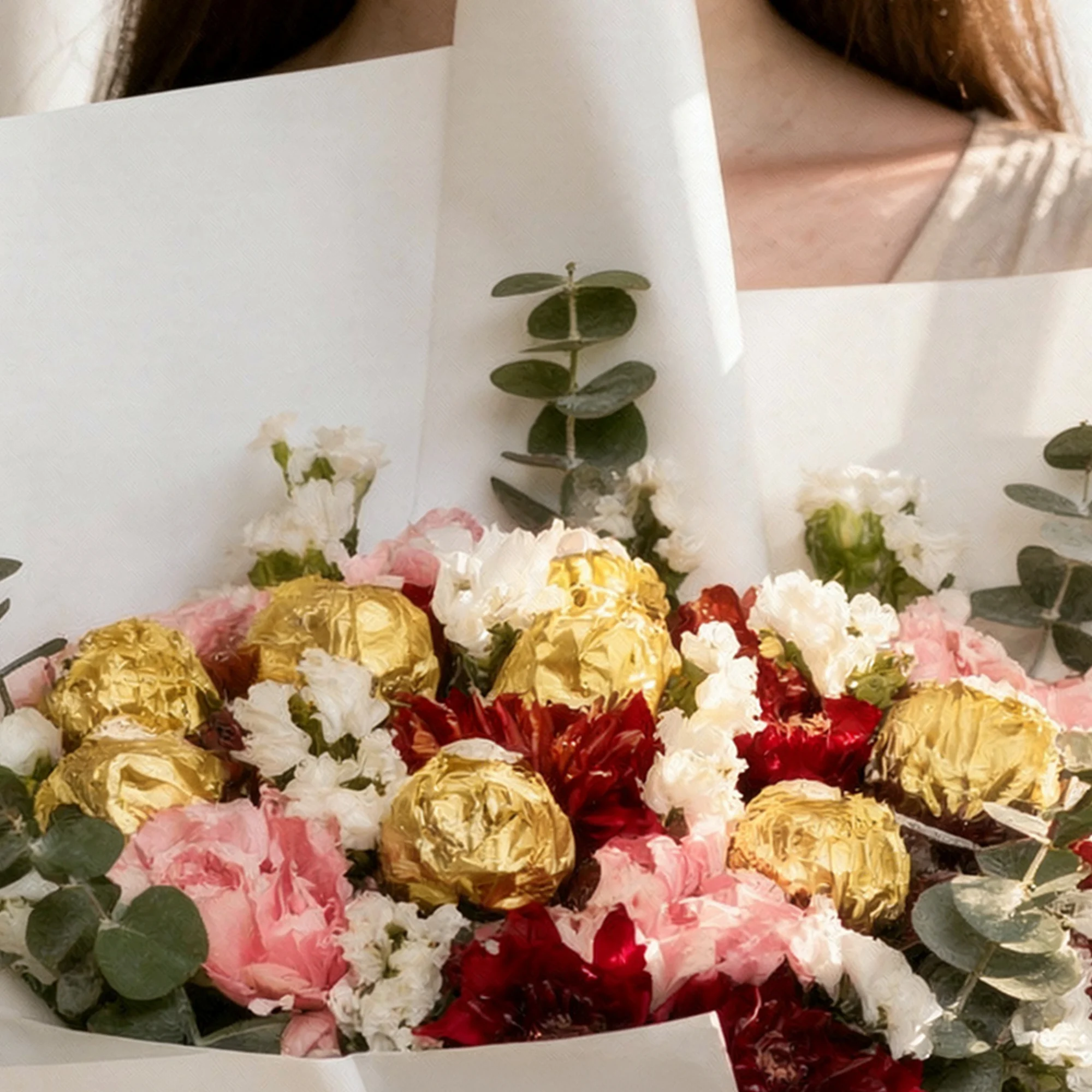 Ferrero Floral Bouquet with 16 Ferrero Rocher chocolates, pink and red carnations