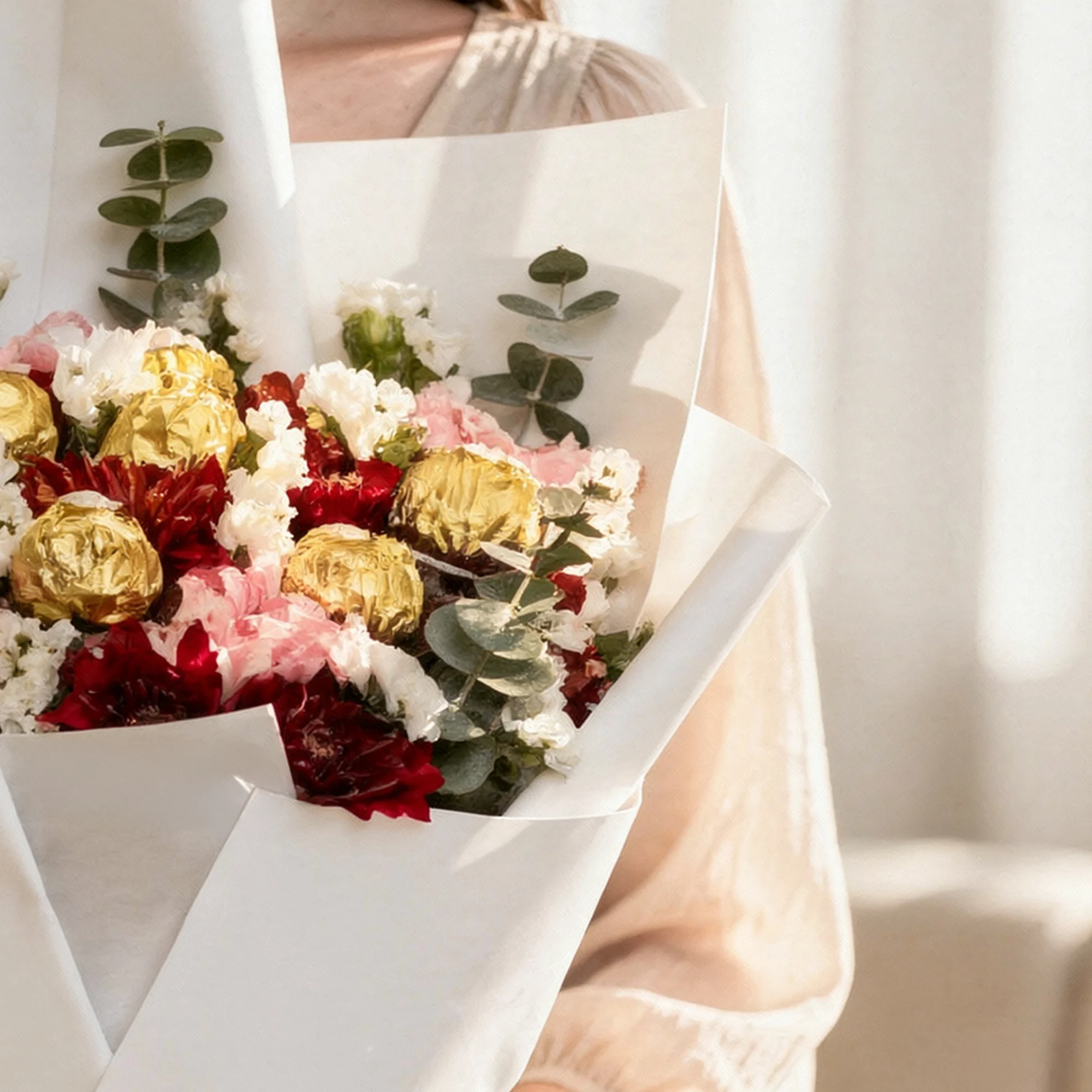 Ferrero Floral Bouquet with 16 Ferrero Rocher chocolates, pink and red carnations