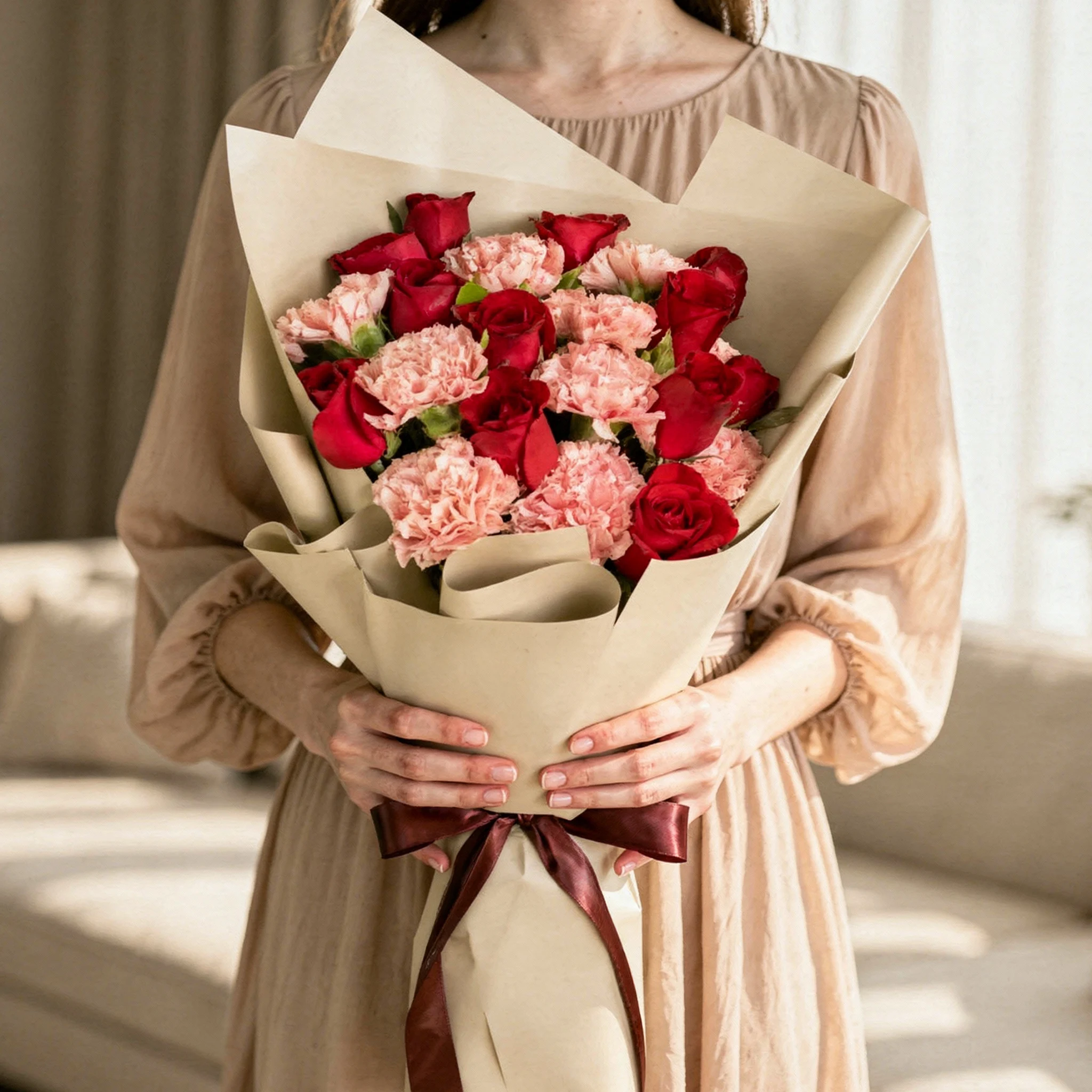 Ruby Blush Rose and Carnation Bouquet with red roses and pink carnations