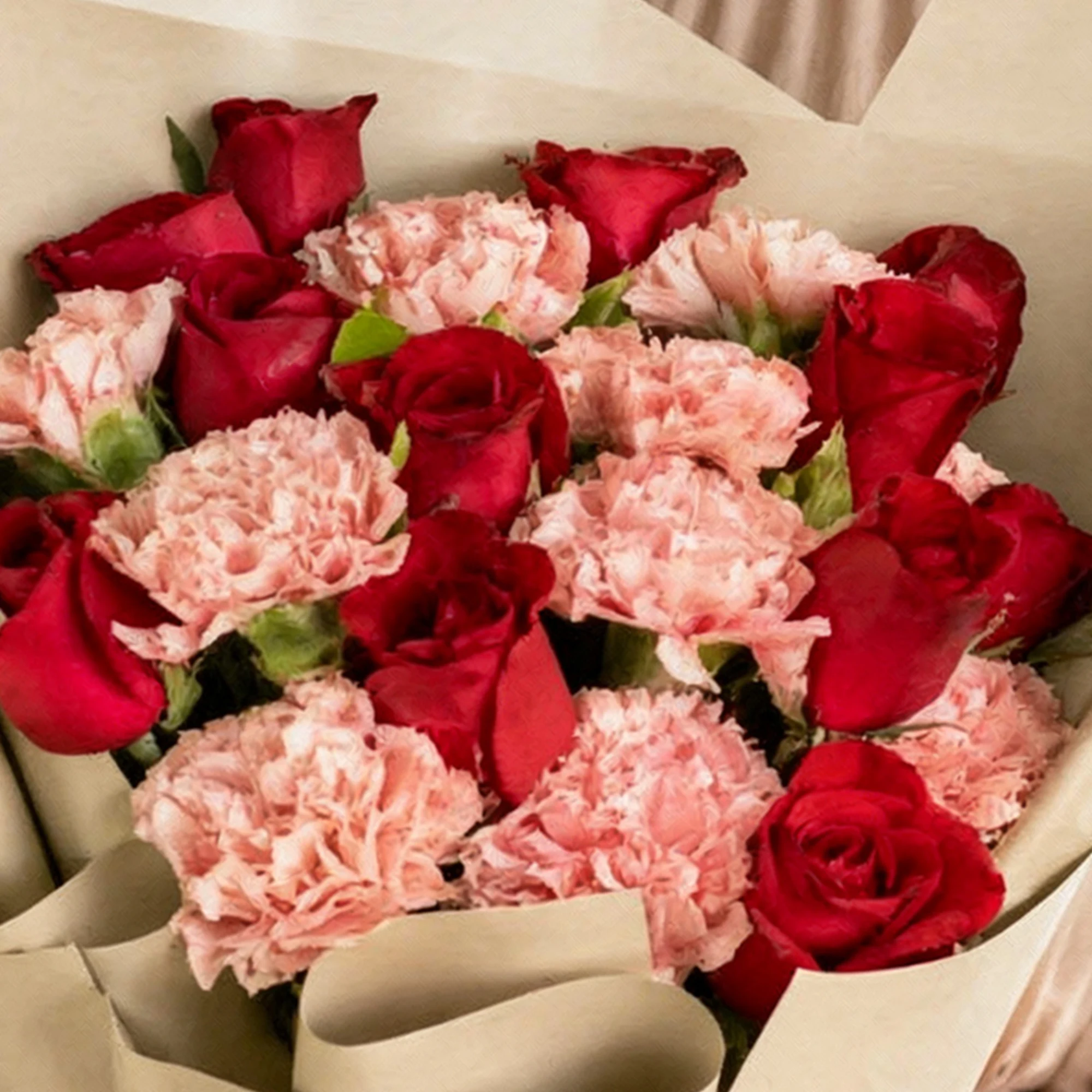 Ruby Blush Rose and Carnation Bouquet with red roses and pink carnations