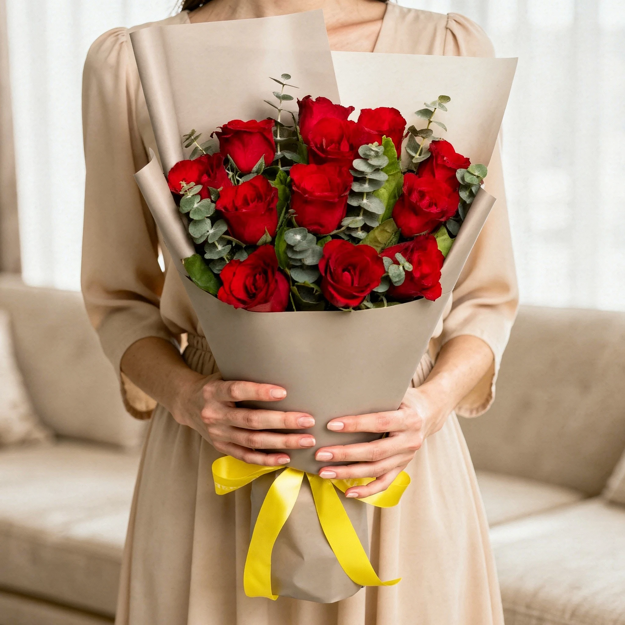 12 Red Rose Bouquet with eucalyptus foliage and yellow ribbon