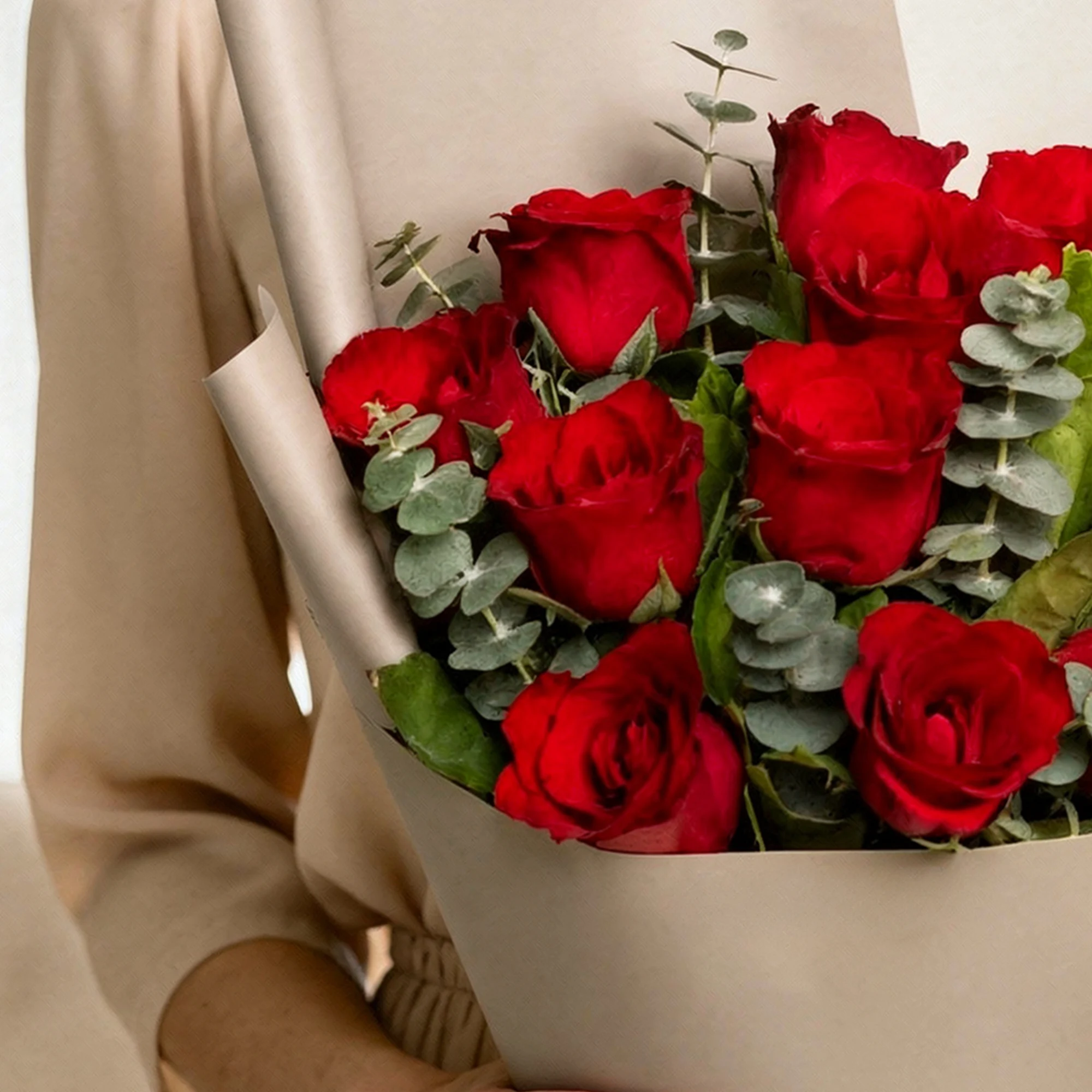 12 Red Rose Bouquet with eucalyptus foliage and yellow ribbon