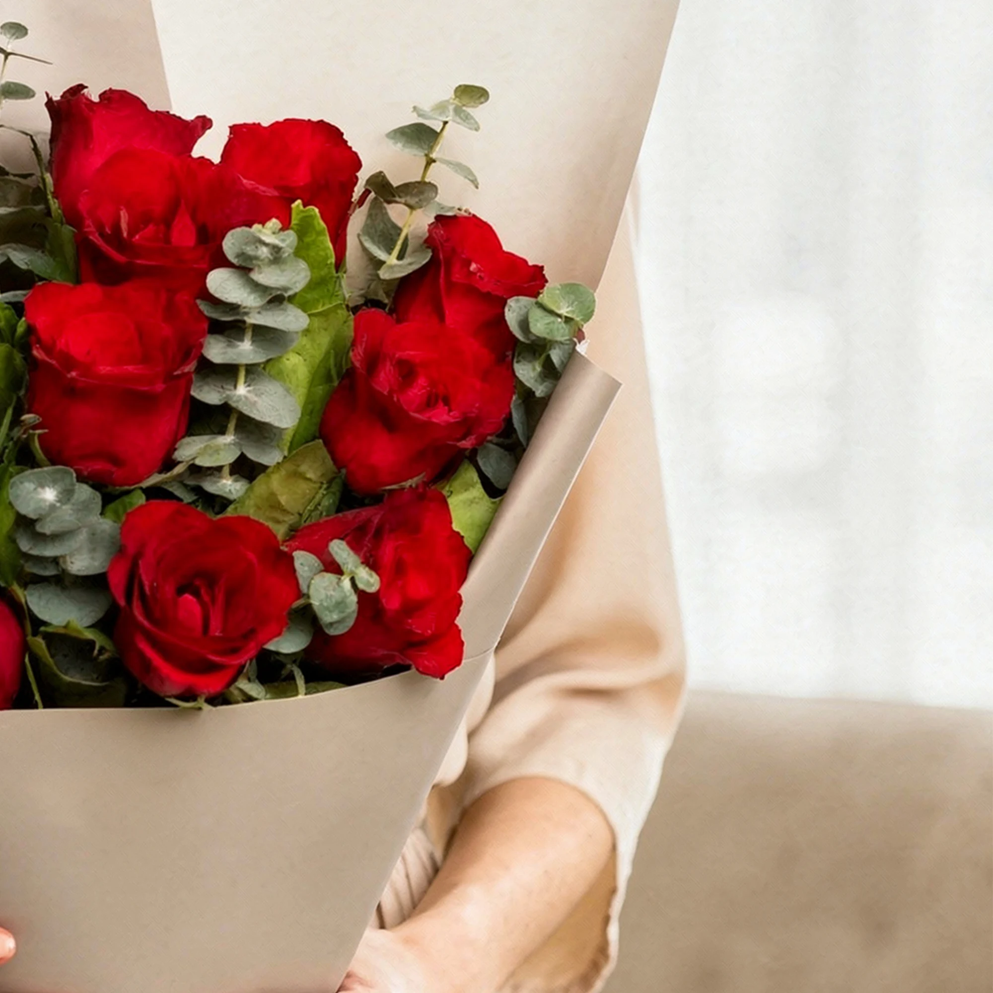 12 Red Rose Bouquet with eucalyptus foliage and yellow ribbon