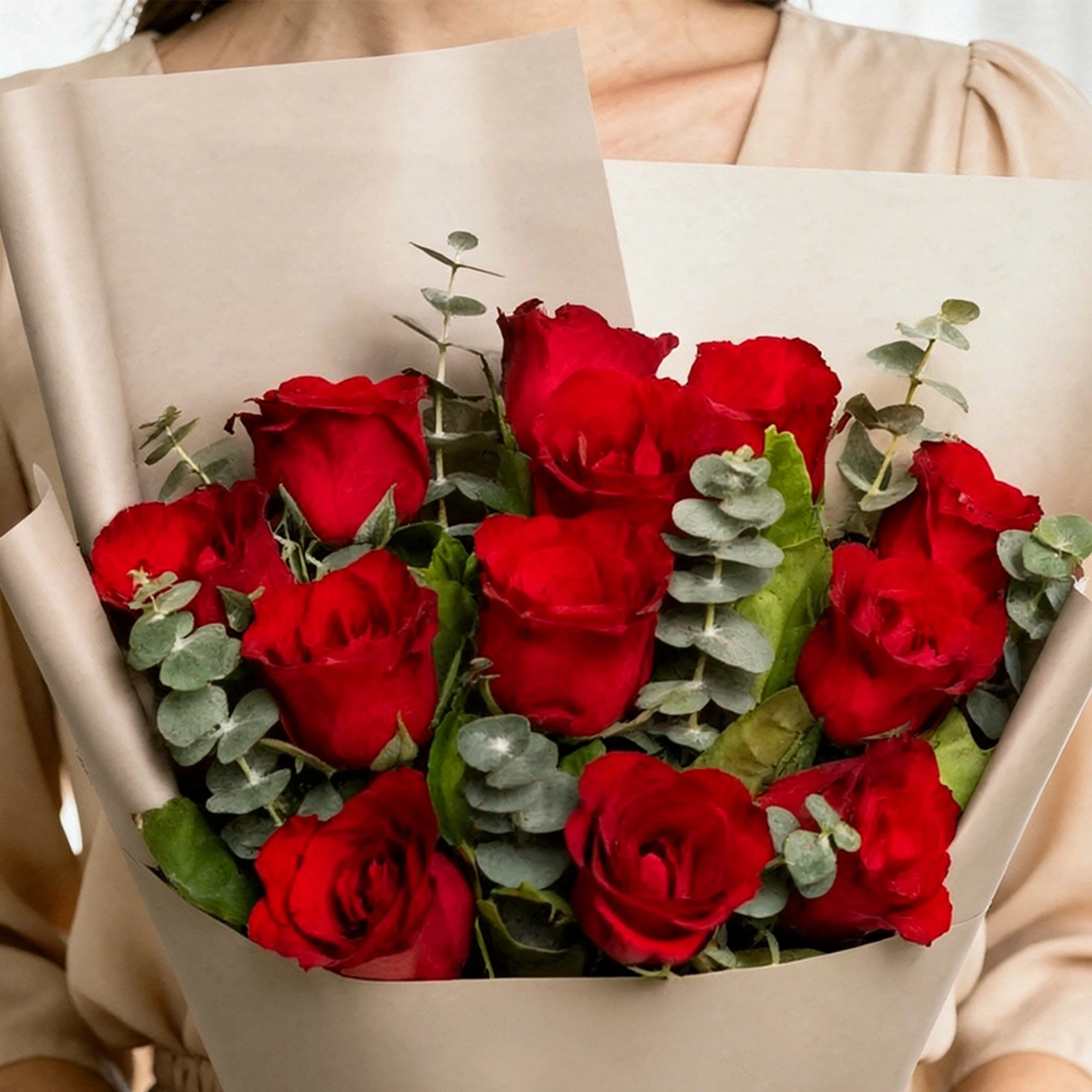 12 Red Rose Bouquet with eucalyptus foliage and yellow ribbon