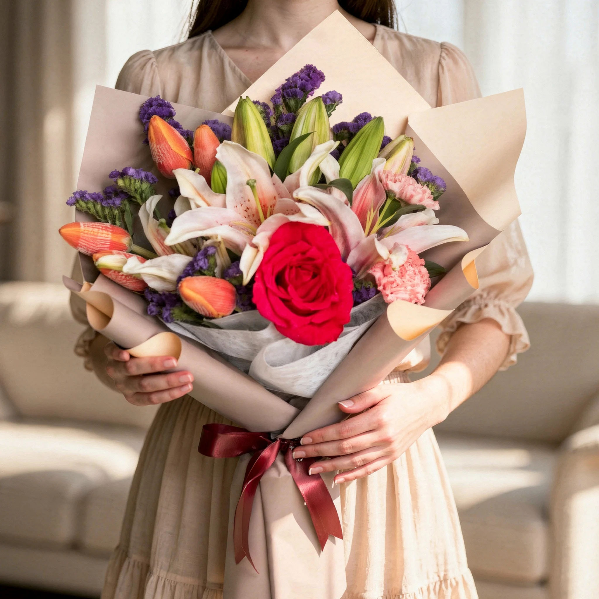 Blush Stargazer Lily and Tulip Bouquet with pink roses, carnations and purple statice Blush Stargazer Lily and Tulip Bouquet with pink roses, carnations and purple statice