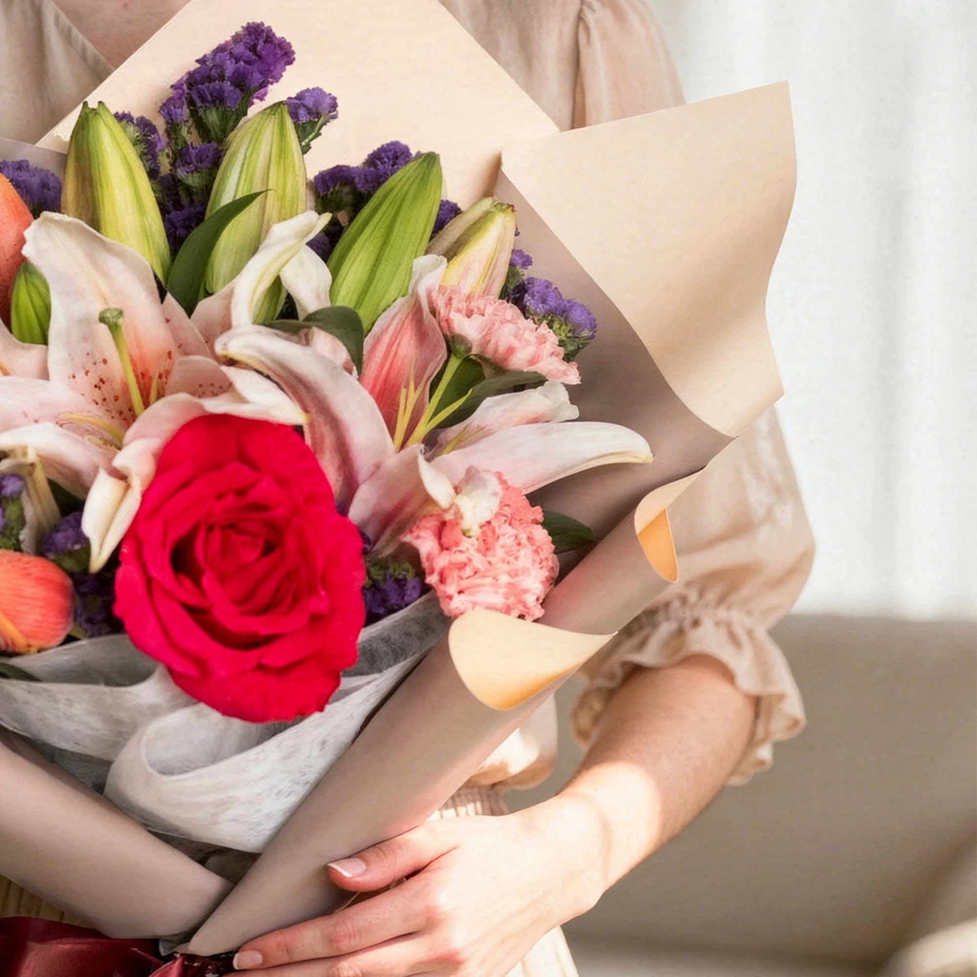 Blush Stargazer Lily and Tulip Bouquet with pink roses, carnations and purple statice