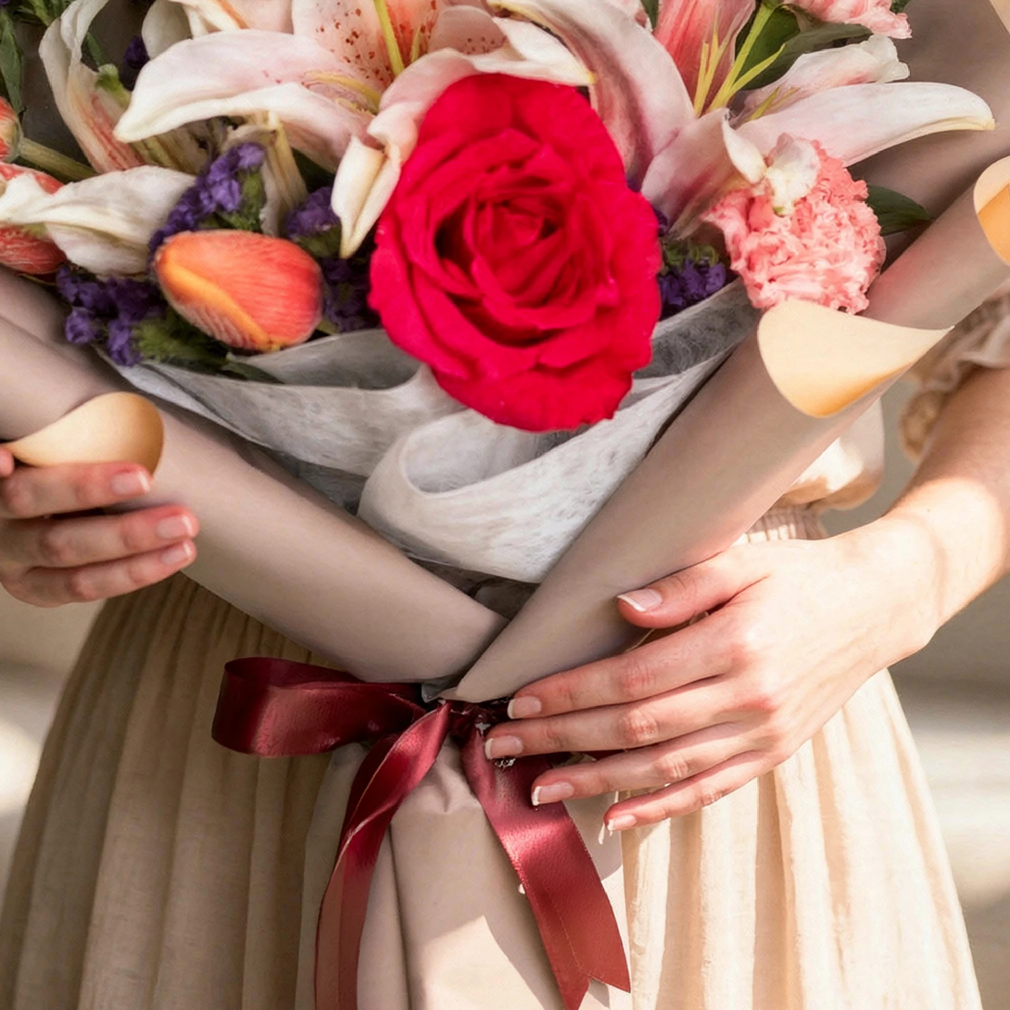 Blush Stargazer Lily and Tulip Bouquet with pink roses, carnations and purple statice