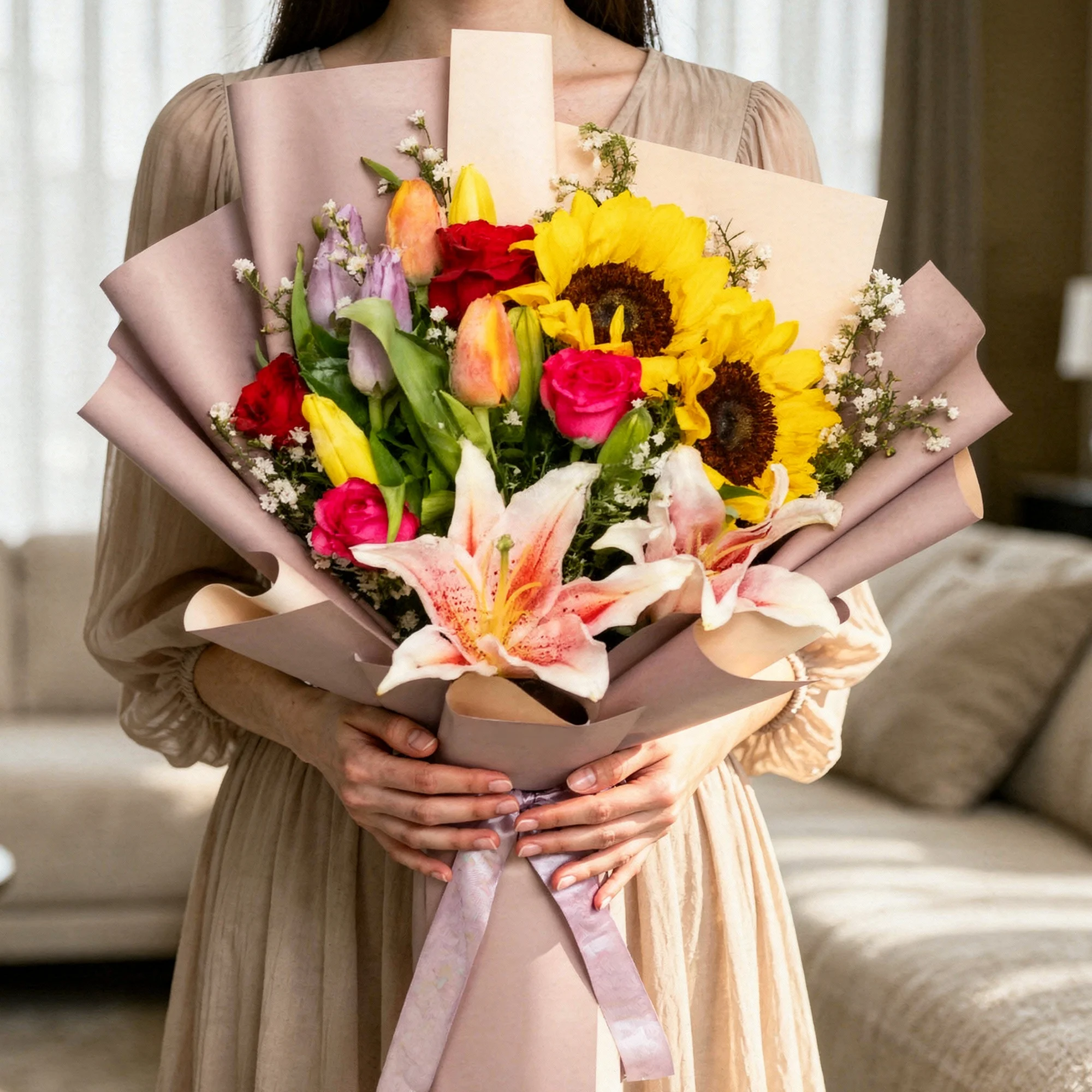 Golden Reverie Bouquet with sunflowers, roses, lilies, tulips and colourful blooms Golden Reverie Bouquet with sunflowers, roses, lilies, tulips and colourful blooms