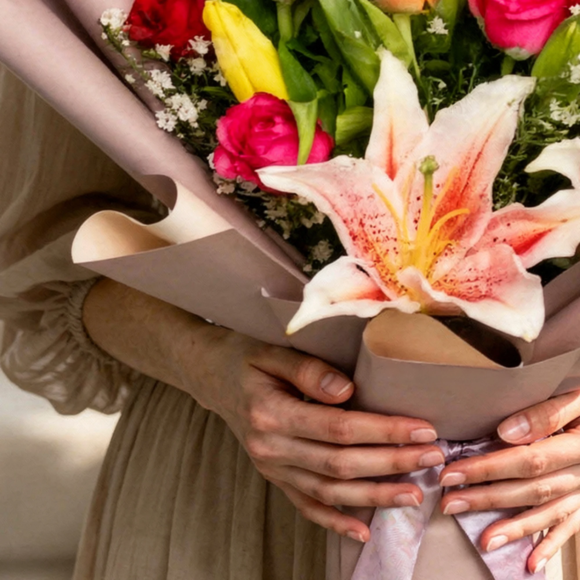 Golden Reverie Bouquet with sunflowers, roses, lilies, tulips and colourful blooms