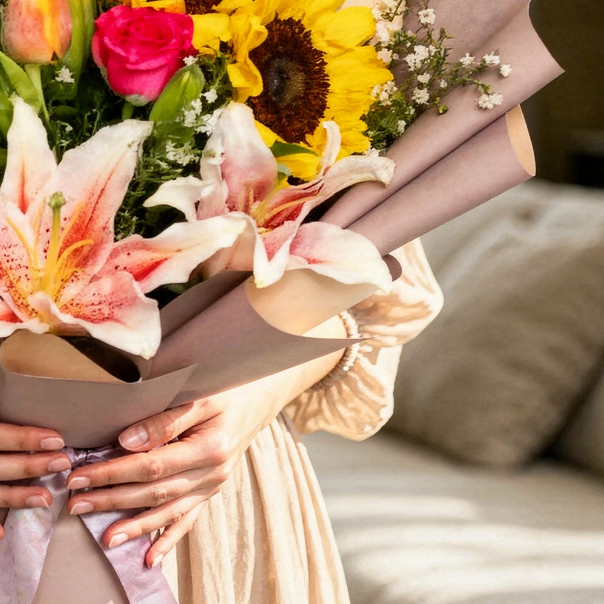 Golden Reverie Bouquet with sunflowers, roses, lilies, tulips and colourful blooms