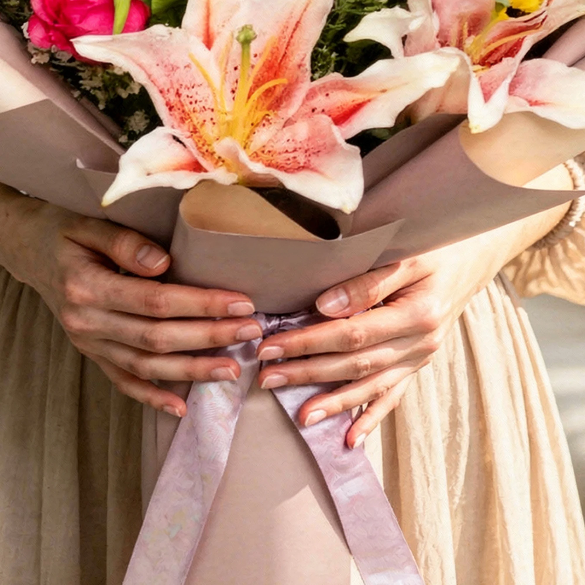 Golden Reverie Bouquet with sunflowers, roses, lilies, tulips and colourful blooms