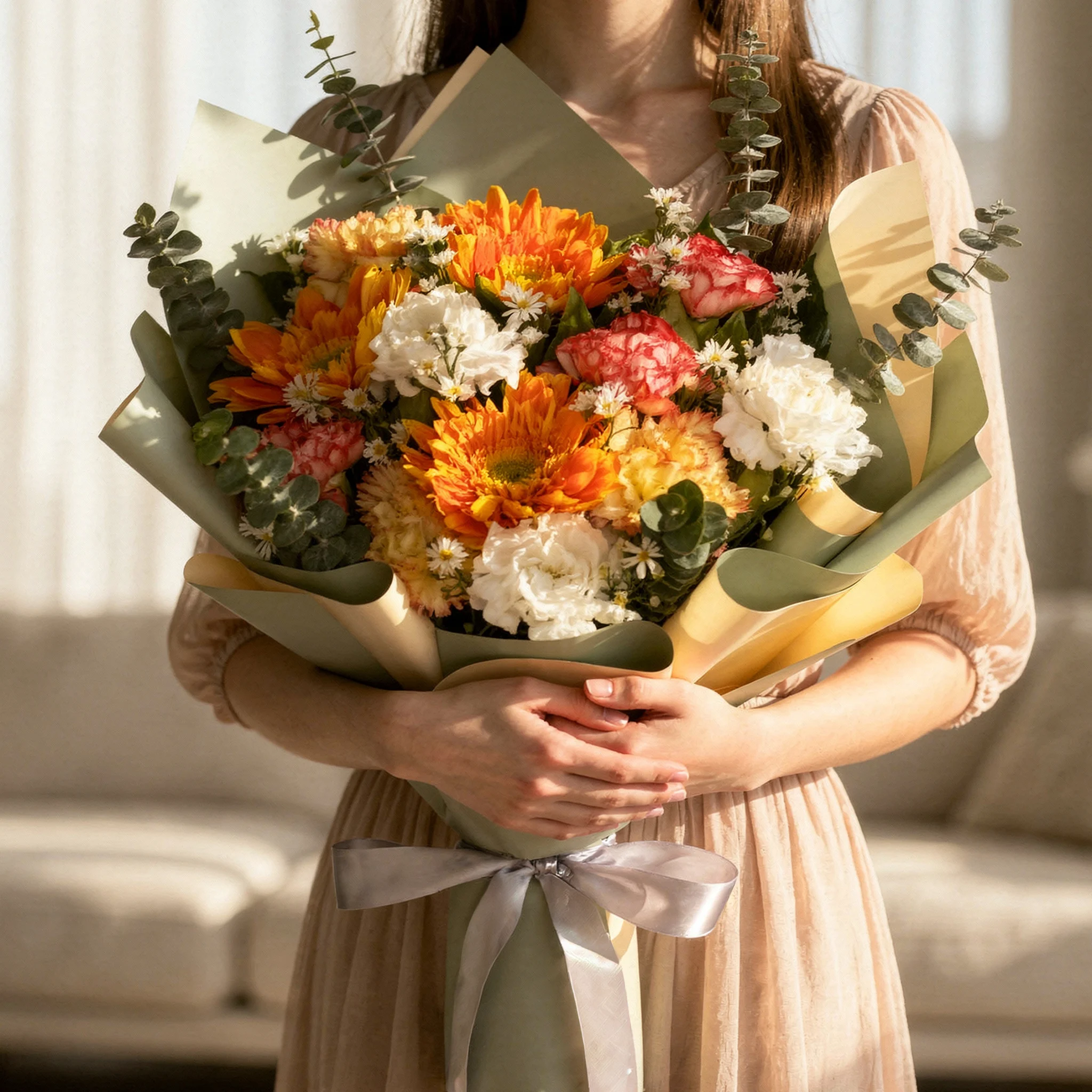 Autumn Glow Bouquet with orange flowers, roses, carnations and white filler blooms Autumn Glow Bouquet with orange flowers, roses, carnations and white filler blooms