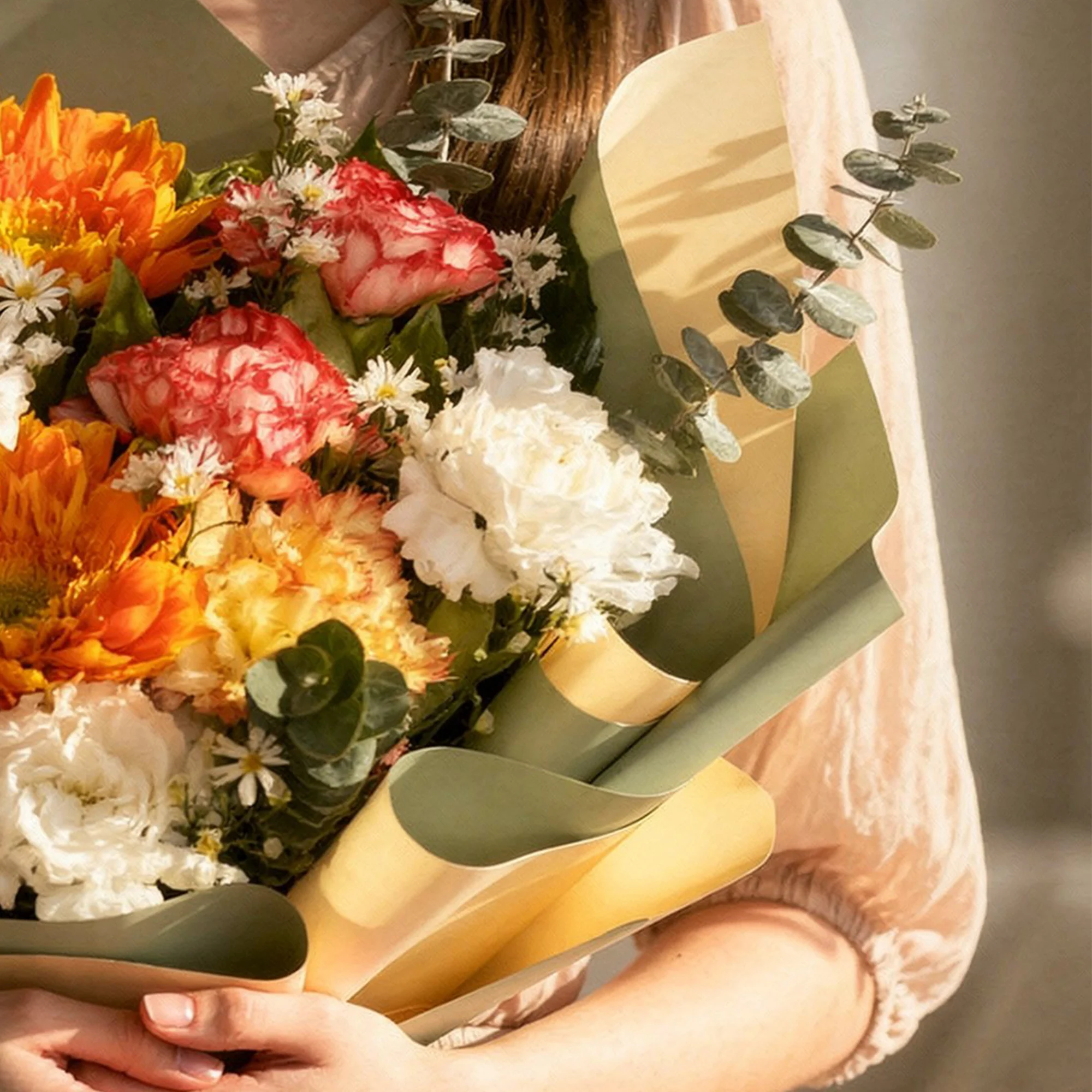 Autumn Glow Bouquet with orange flowers, roses, carnations and white filler blooms