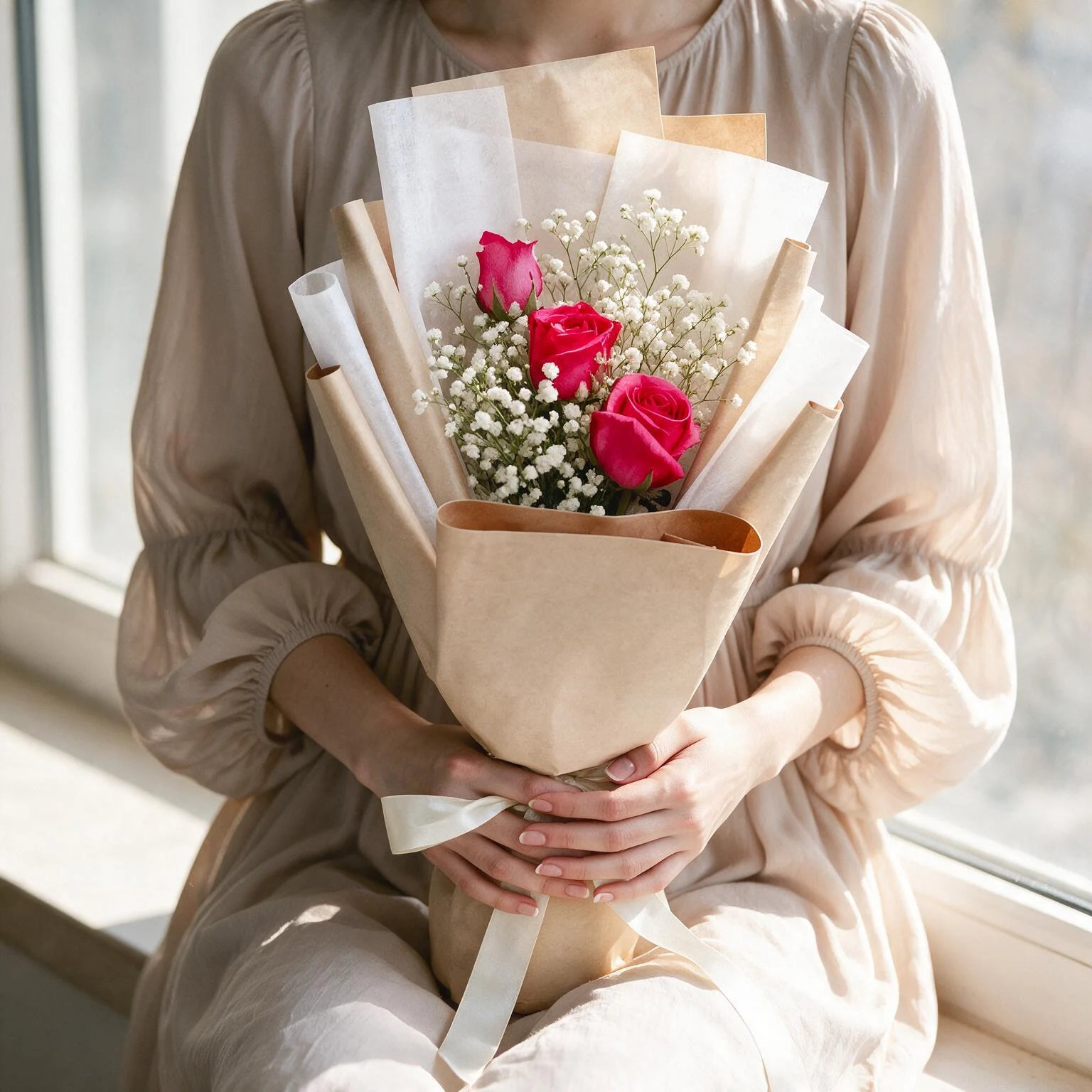 Dark Pink Rose Bouquet with gypsophila and elegant brown and white wrapping