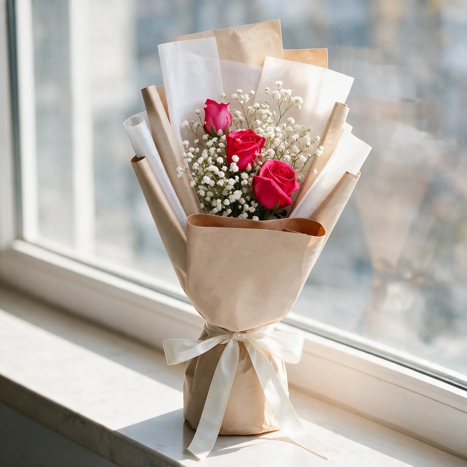 Dark Pink Rose Bouquet with gypsophila and elegant brown and white wrapping