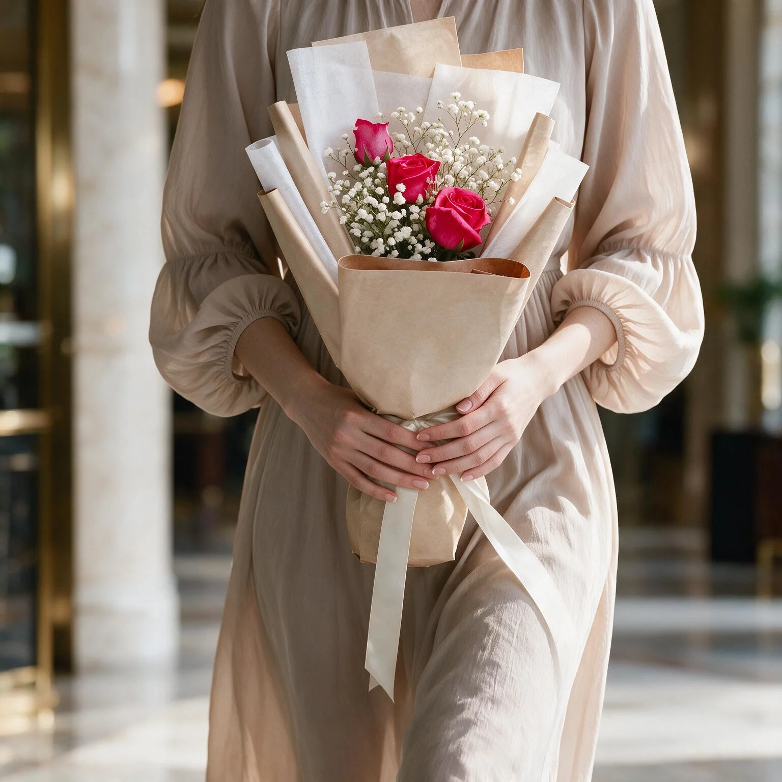 Dark Pink Rose Bouquet with gypsophila and elegant brown and white wrapping