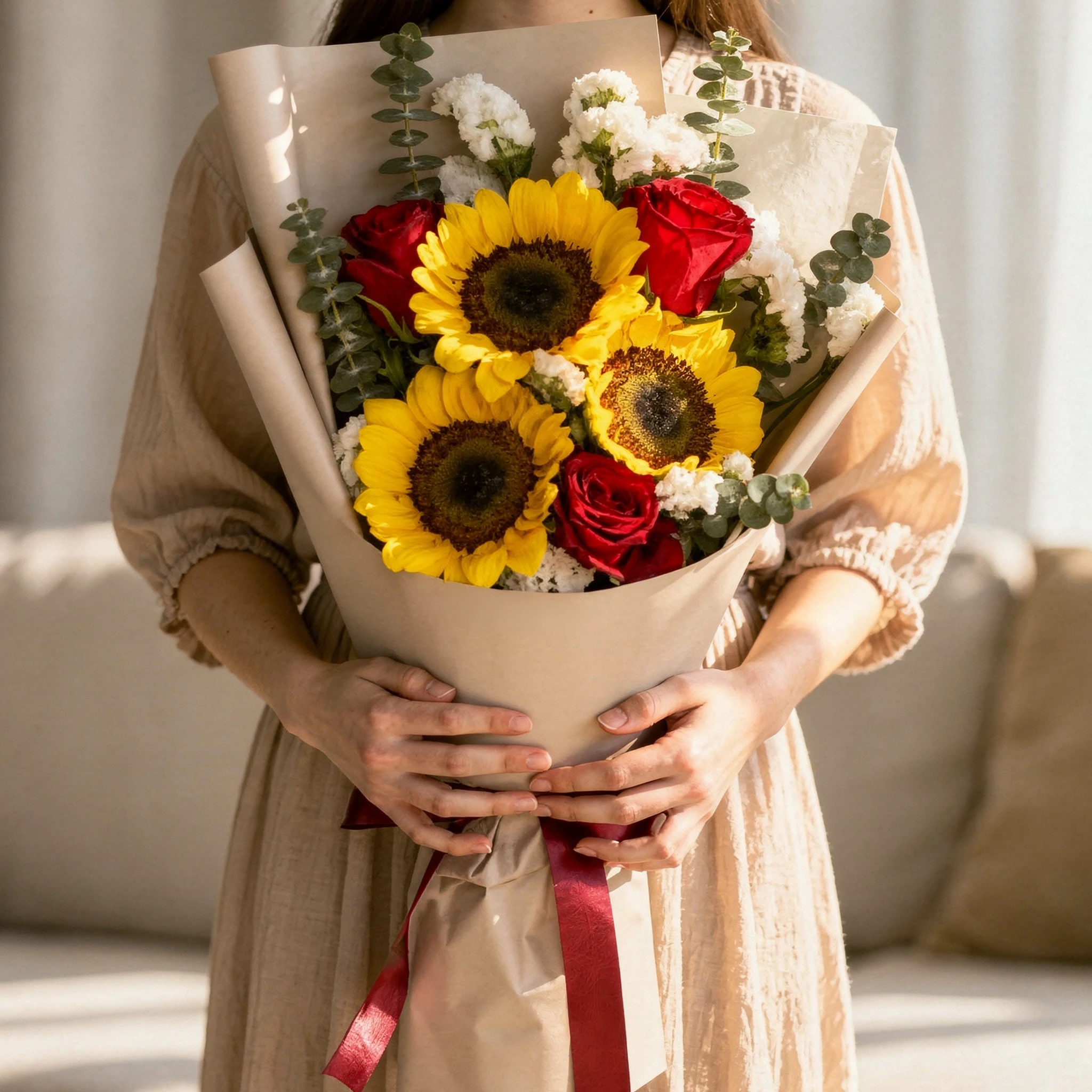 Scarlet Sunshine sunflower bouquet with red roses, white blooms and eucalyptus
