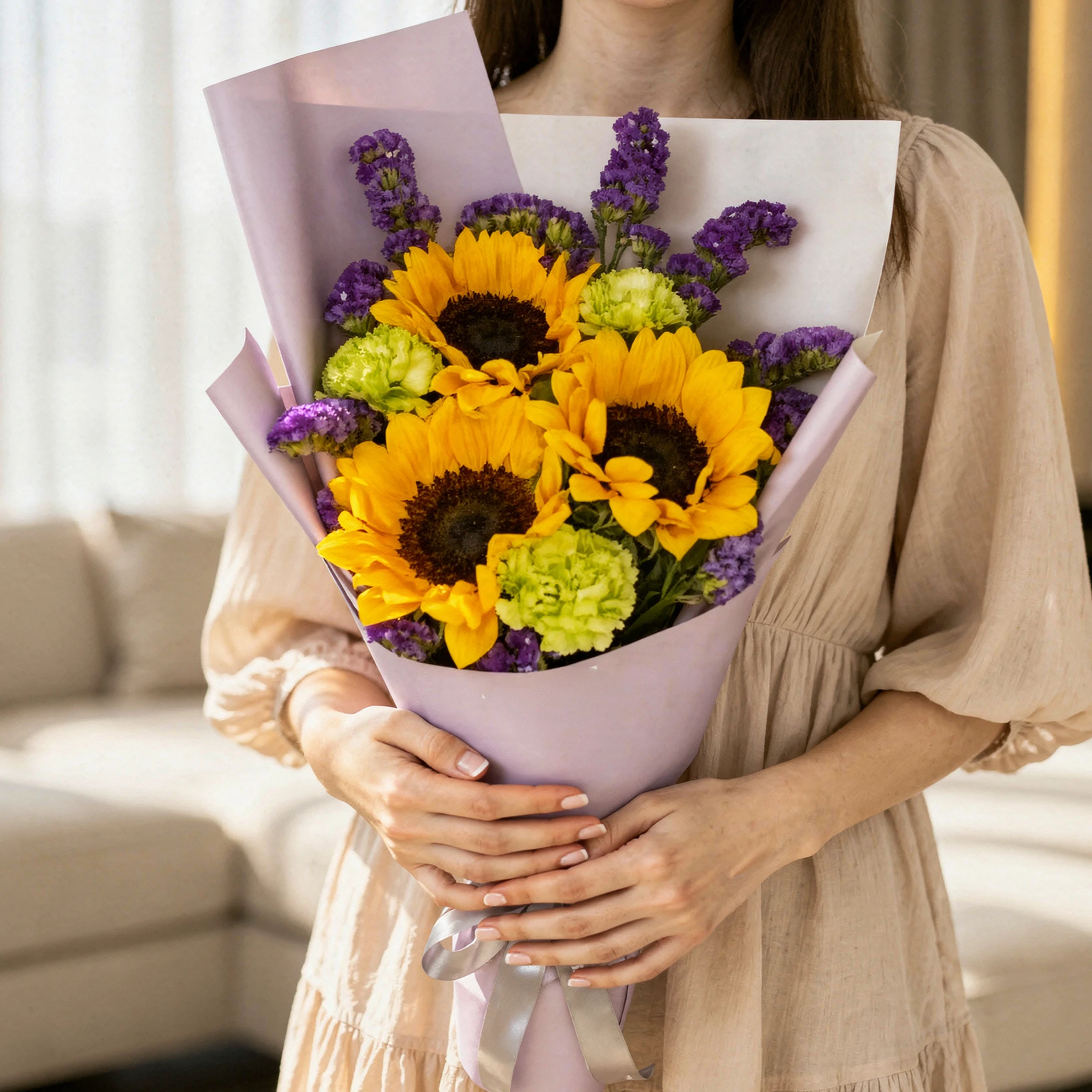 Gold Amethyst Bouquet with sunflowers, green carnations and purple flowers
