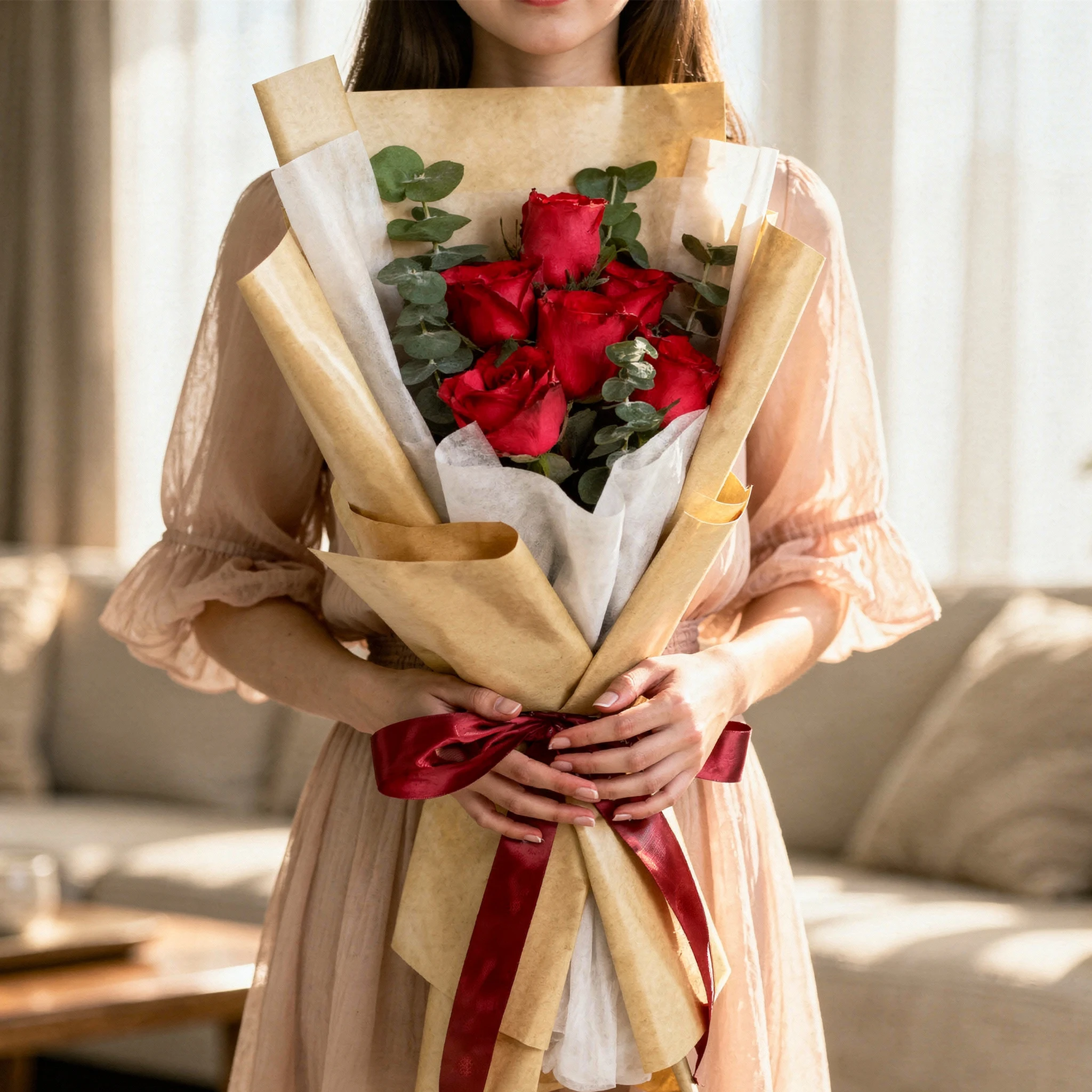 Classic 6 Red Rose Bouquet with eucalyptus leaves and red ribbon