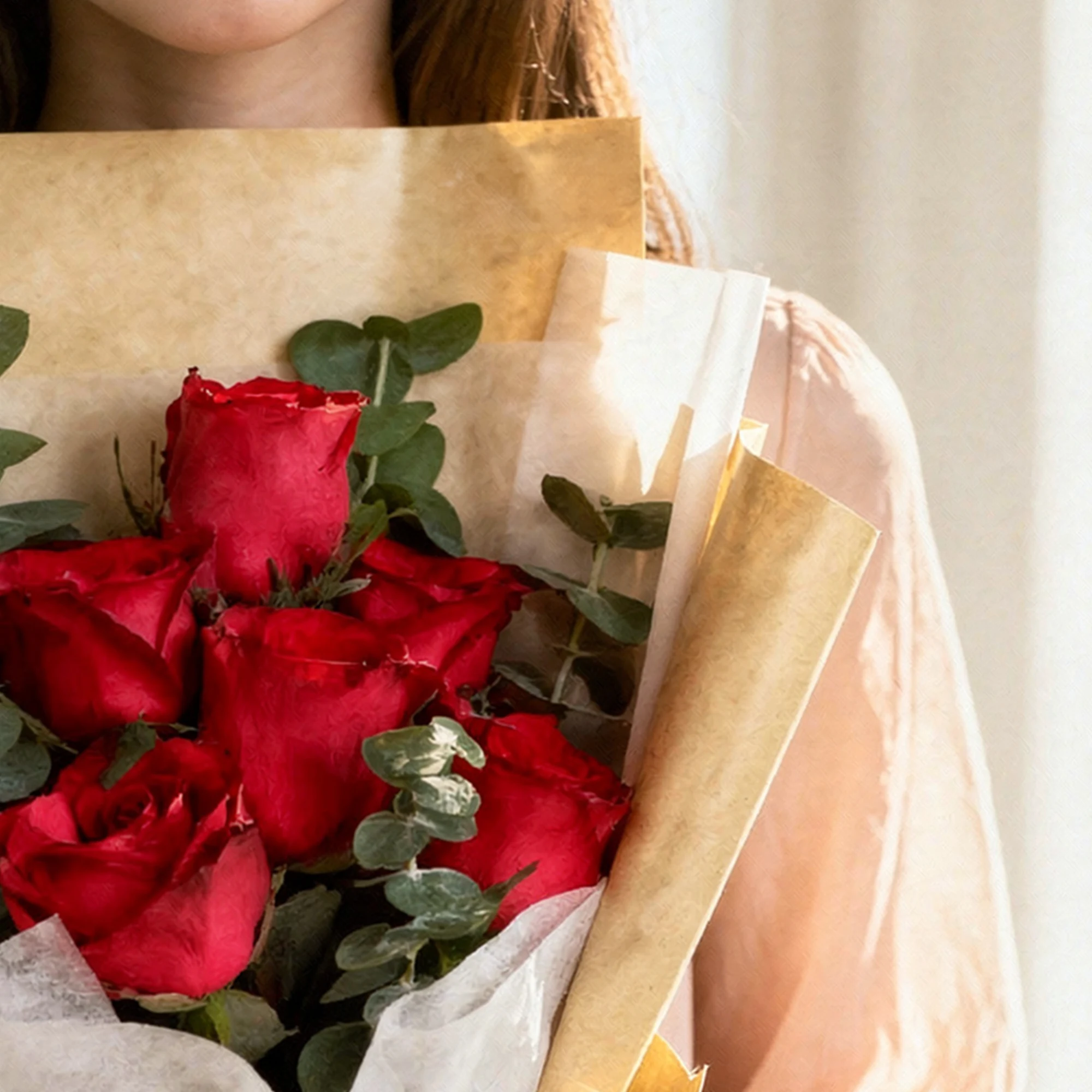 Classic 6 Red Rose Bouquet with eucalyptus leaves and red ribbon