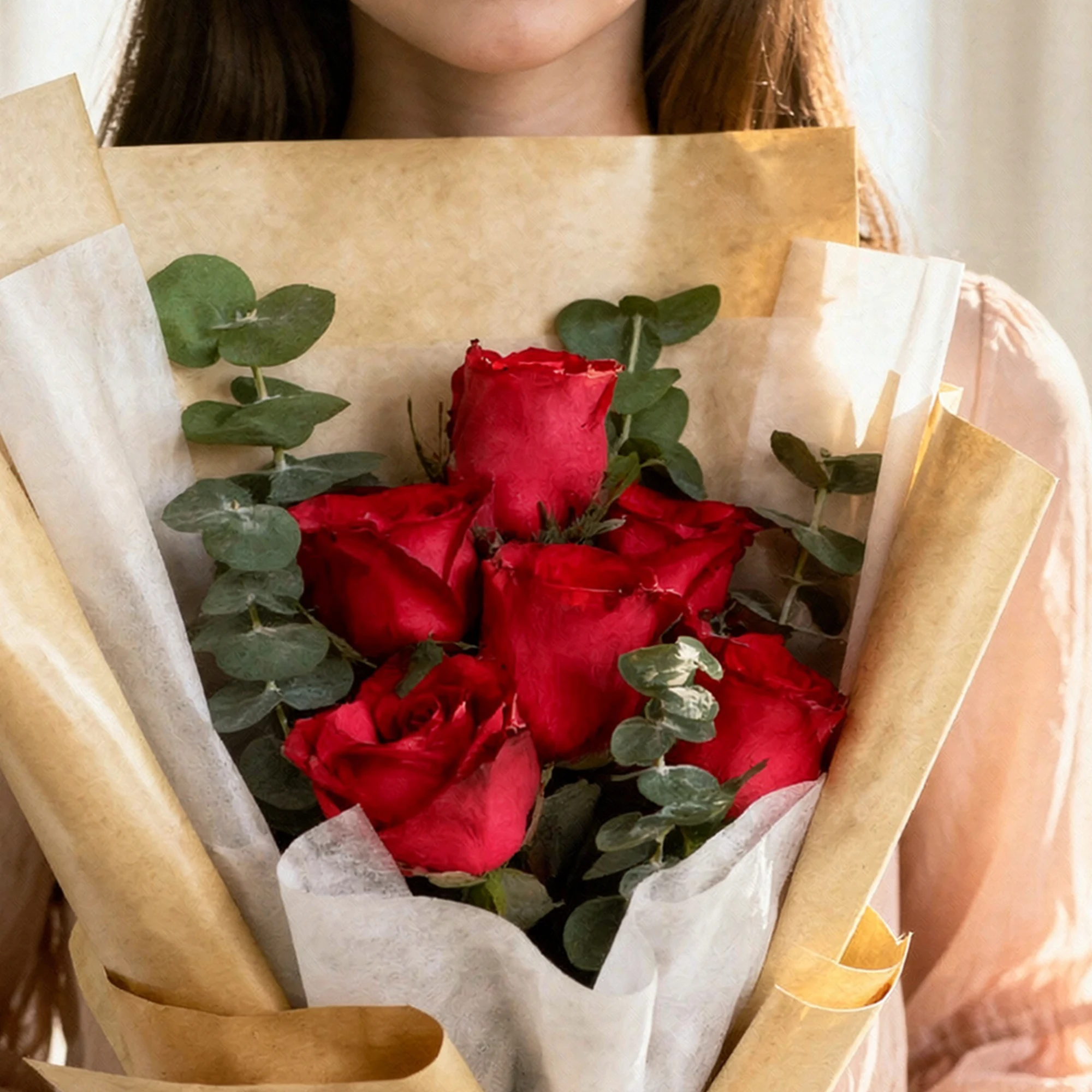 Classic 6 Red Rose Bouquet with eucalyptus leaves and red ribbon