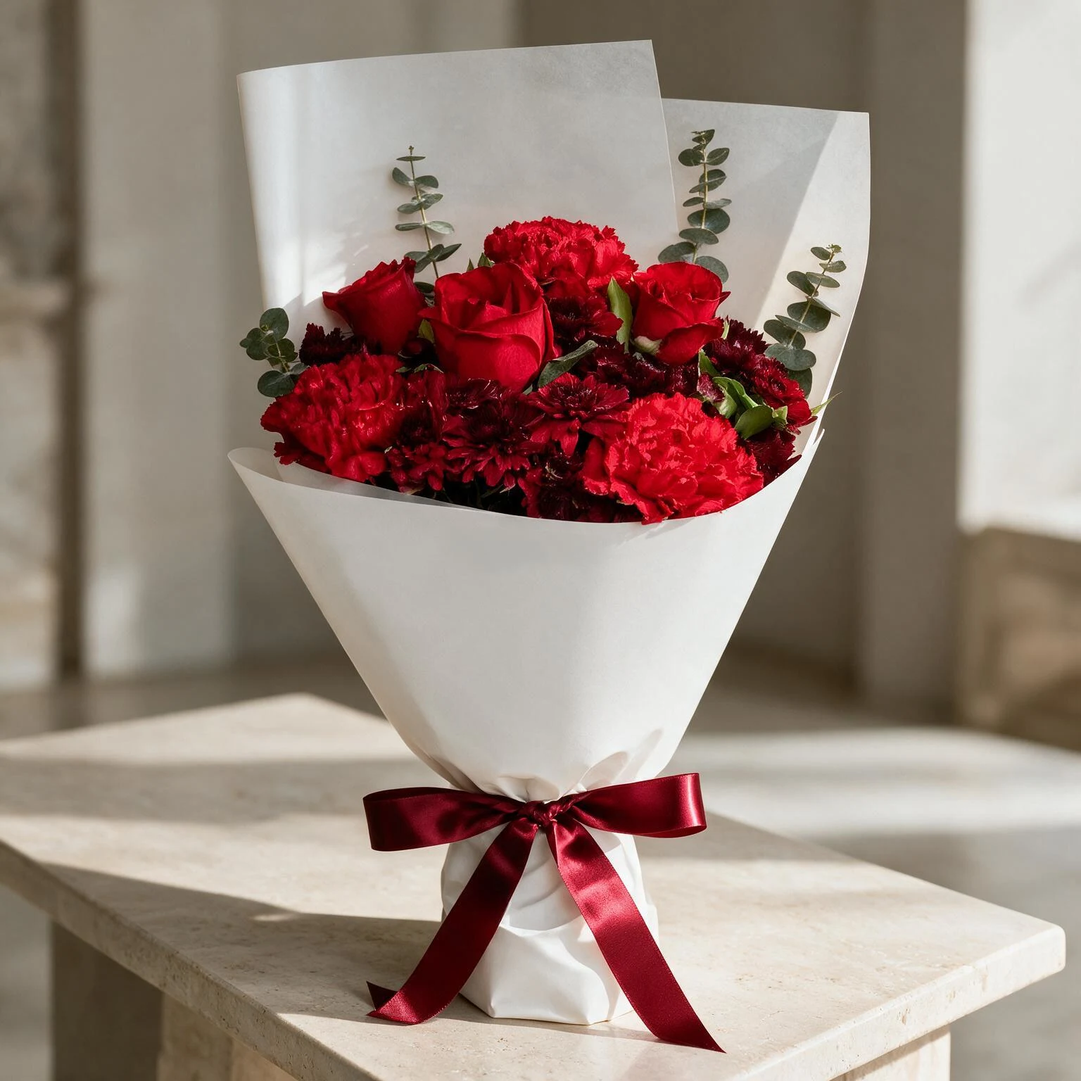 Red roses and carnations bouquet with eucalyptus and red ribbon