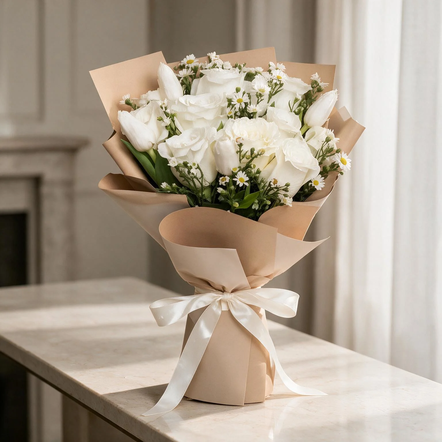 White rose and tulip bouquet with 10 roses, 5 tulips and white filler flowers