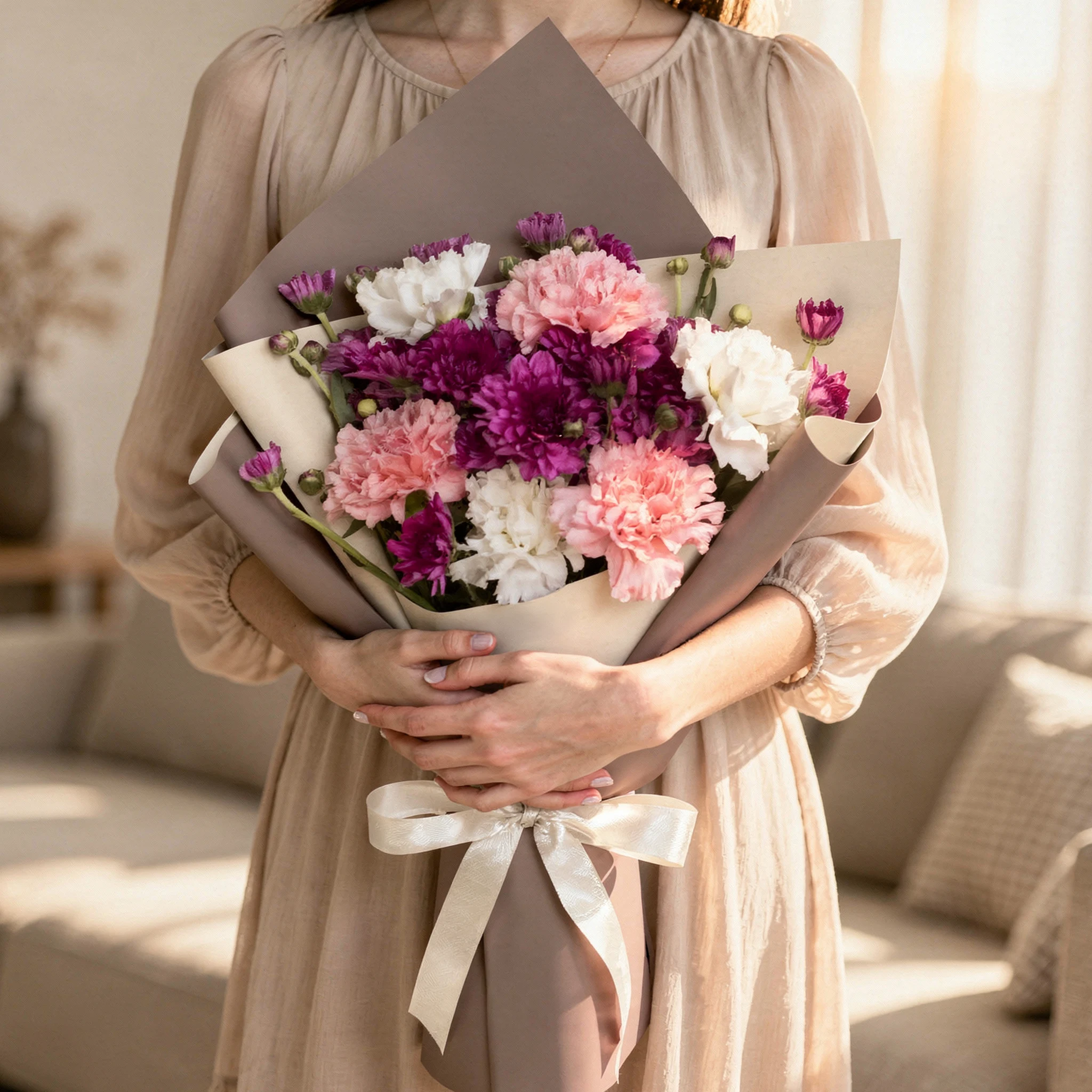 Purple chrysanthemum and carnation bouquet with pink and white carnations