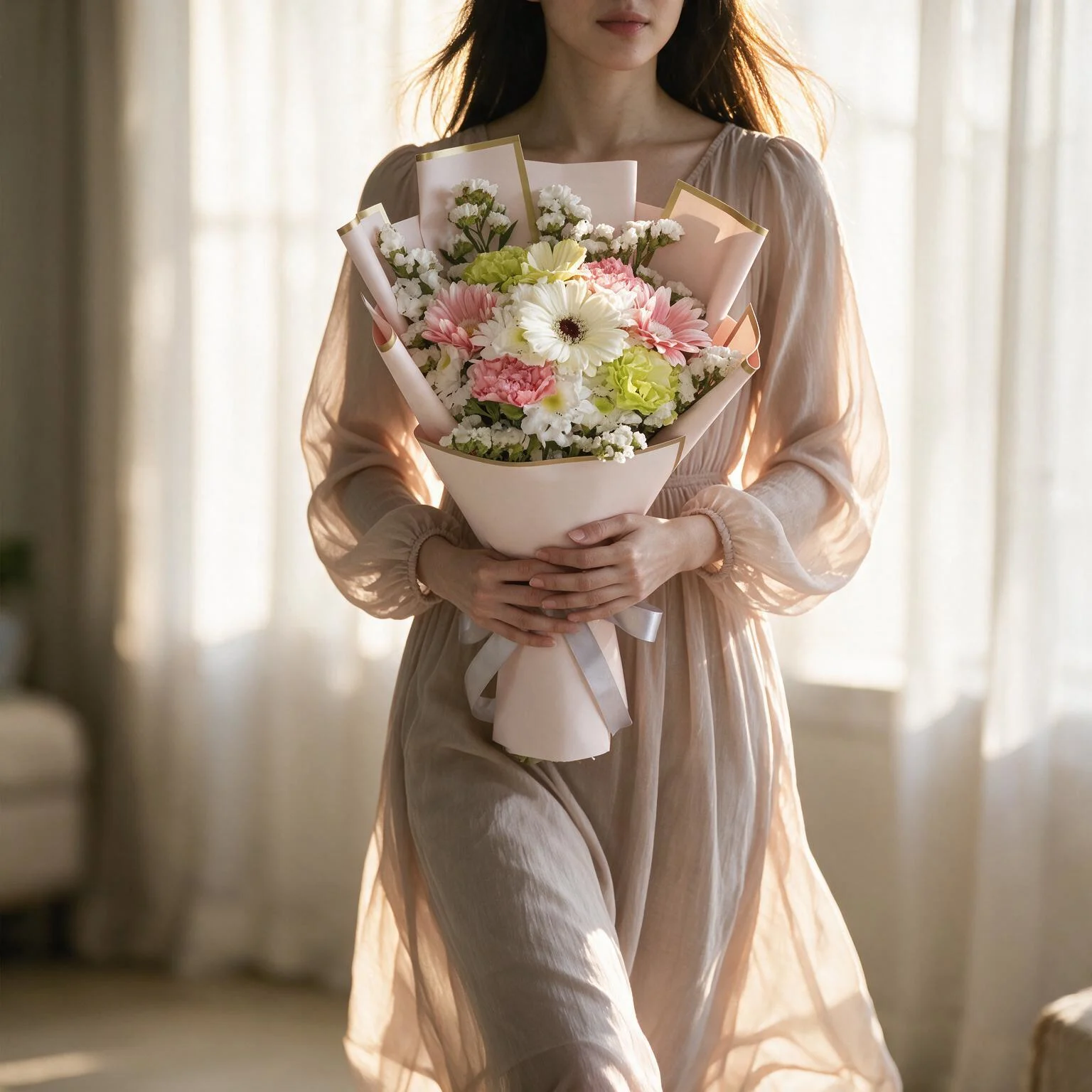 Pastel bouquet with pink and white gerberas, carnations, chrysanthemums and white statice