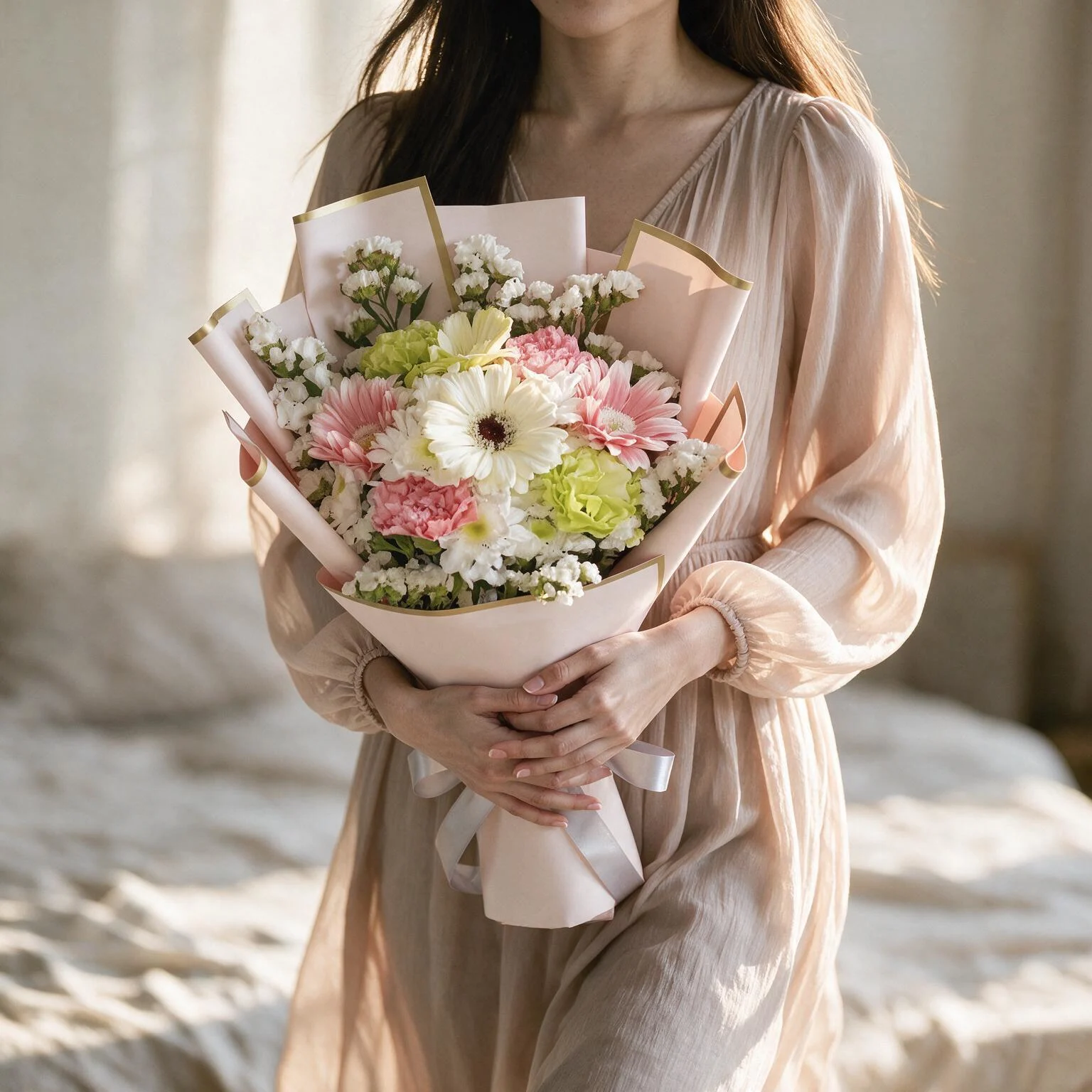 Pastel bouquet with pink and white gerberas, carnations, chrysanthemums and white statice