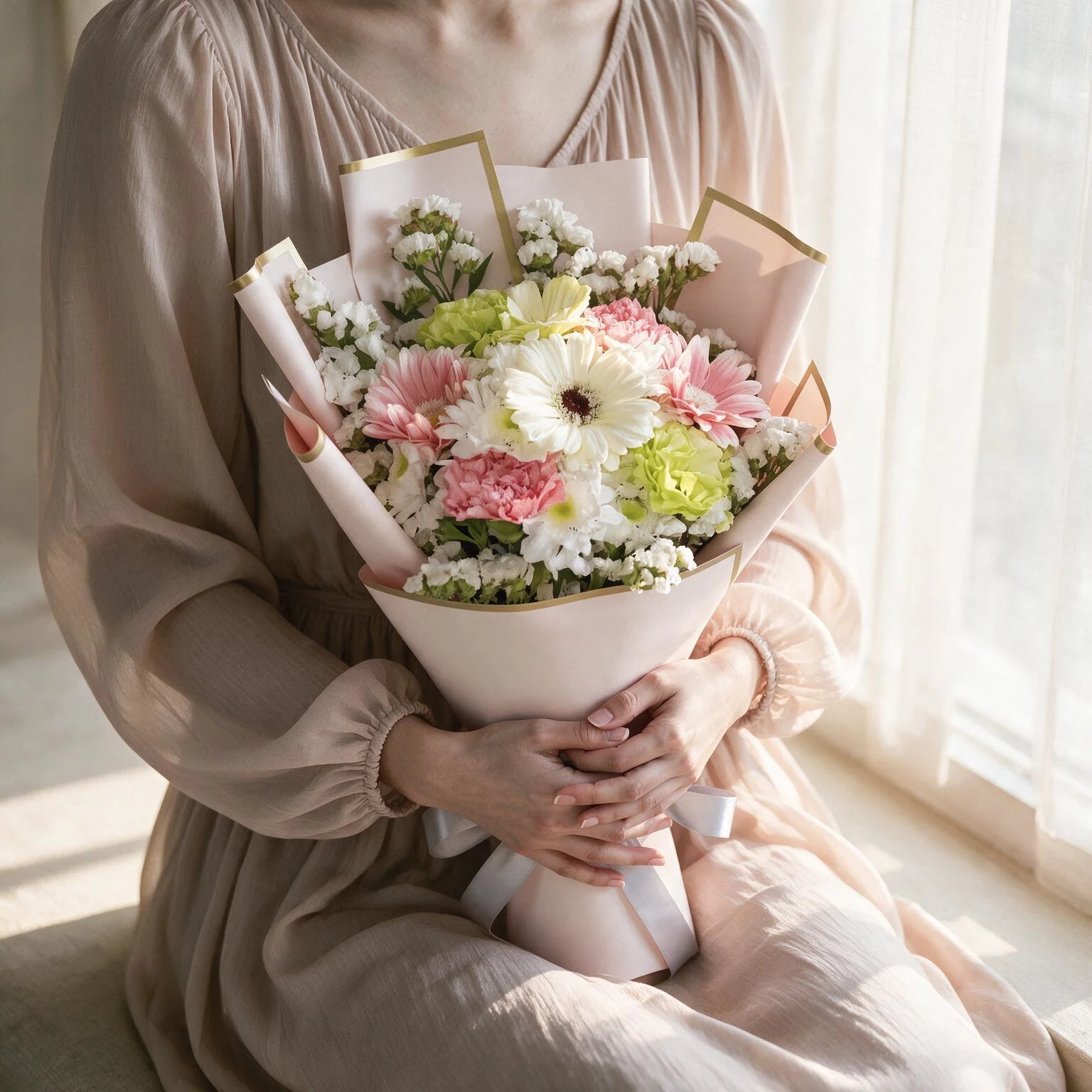Pastel bouquet with pink and white gerberas, carnations, chrysanthemums and white statice