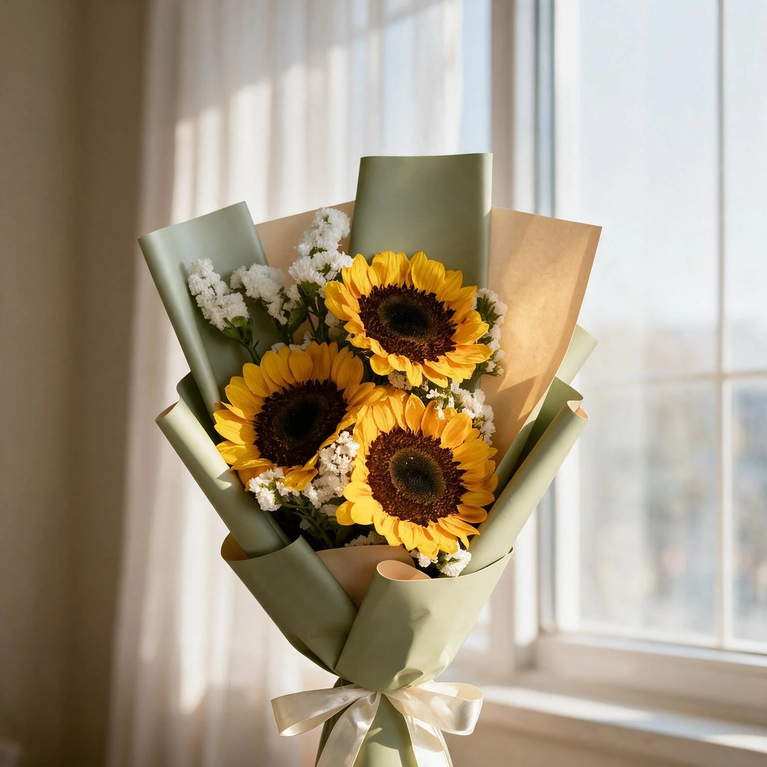 3 Sunflower Bouquet with white statice and green wrapping
