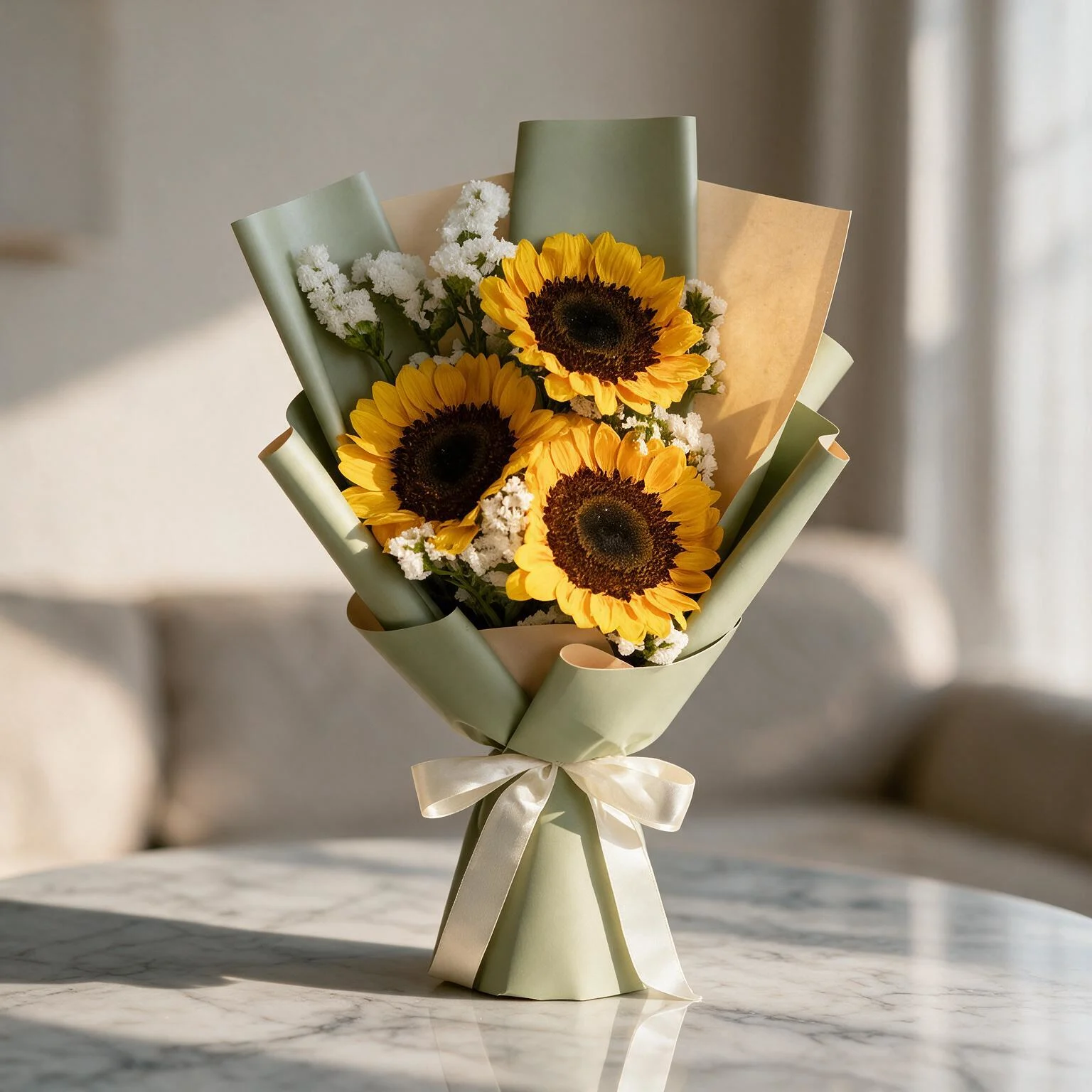 3 Sunflower Bouquet with white statice and green wrapping 3 Sunflower Bouquet with white statice and green wrapping