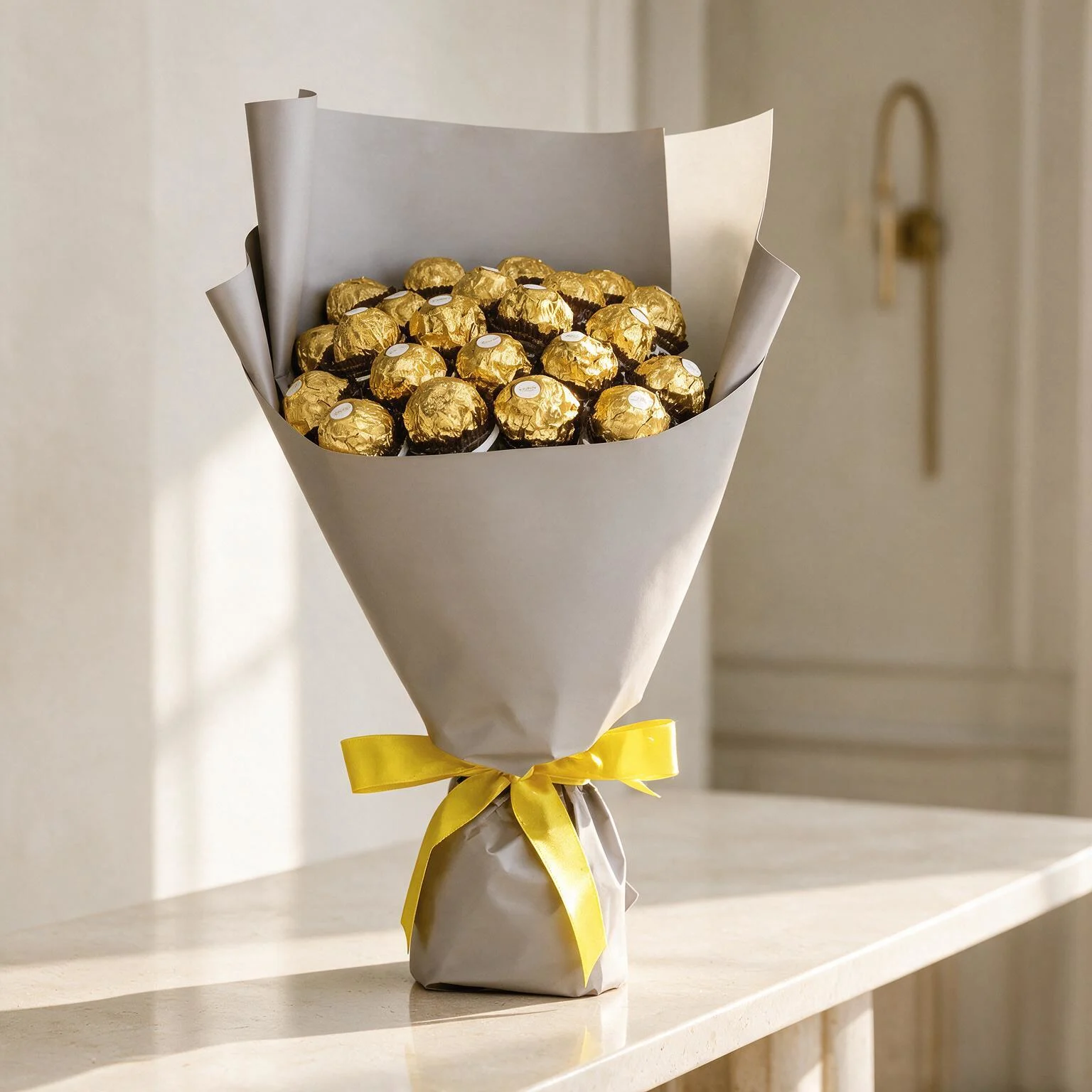 24 Ferrero Rocher chocolate bouquet with white wrapping and yellow ribbon