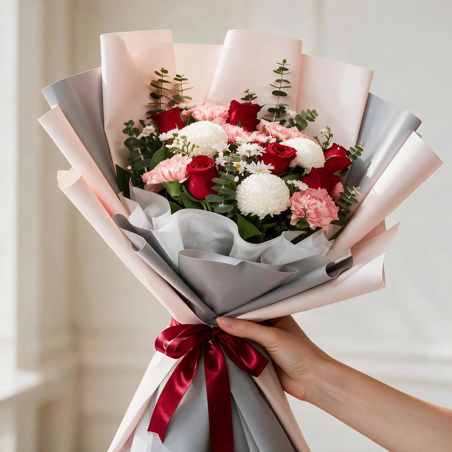 Red rose and pink carnation bouquet with white chrysanthemums and eucalyptus