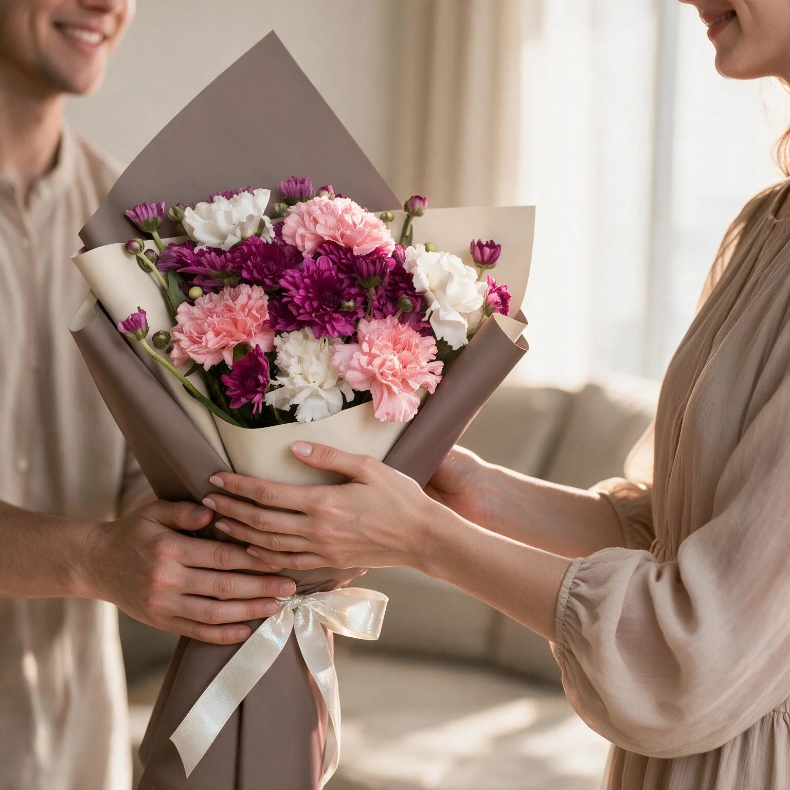 Purple chrysanthemum and carnation bouquet with pink and white carnations