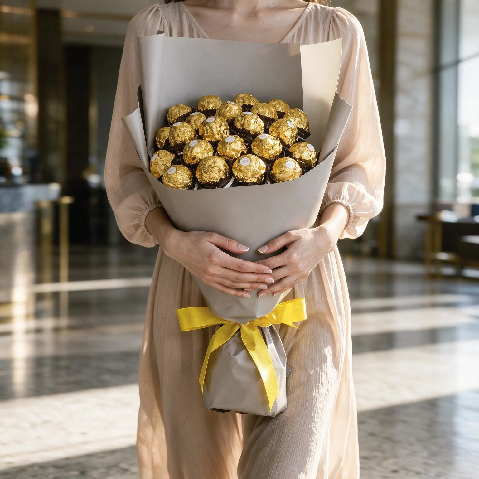 24 Ferrero Rocher chocolate bouquet with white wrapping and yellow ribbon