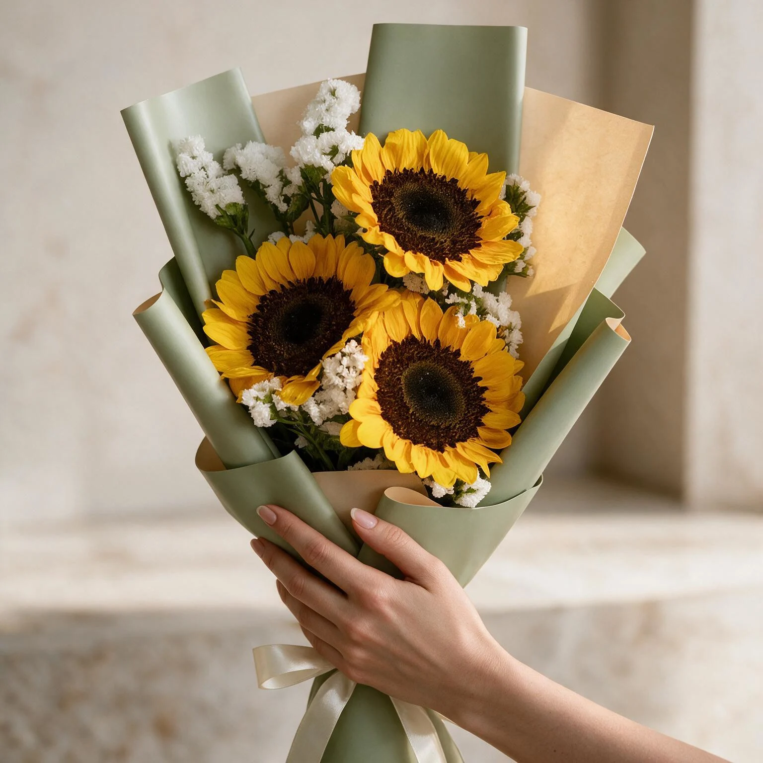 3 Sunflower Bouquet with white statice and green wrapping
