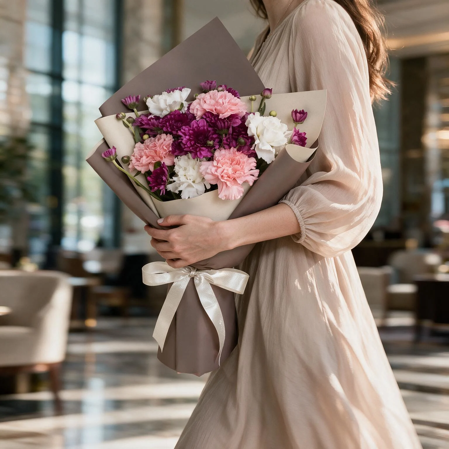 Purple chrysanthemum and carnation bouquet with pink and white carnations