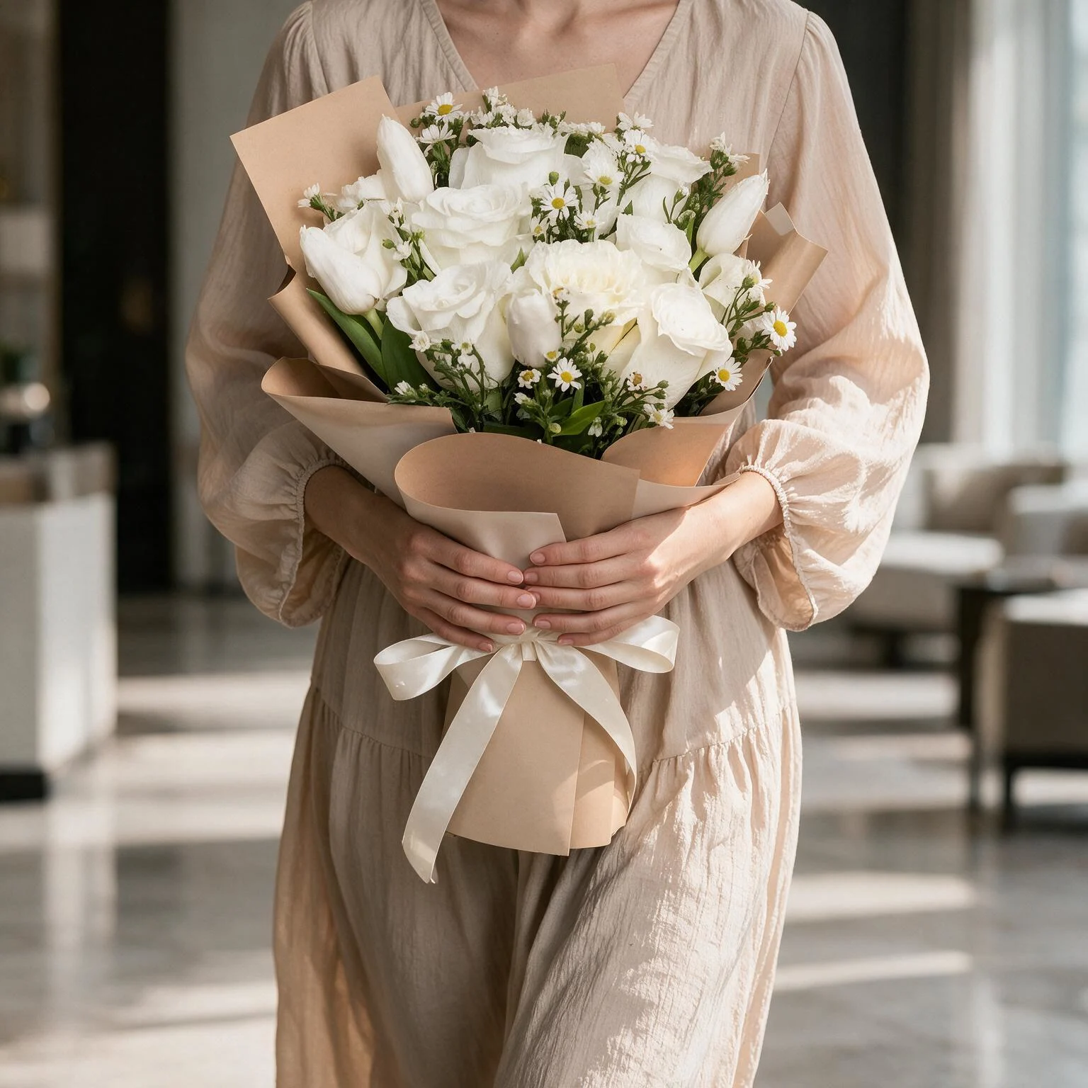 White rose and tulip bouquet with 10 roses, 5 tulips and white filler flowers