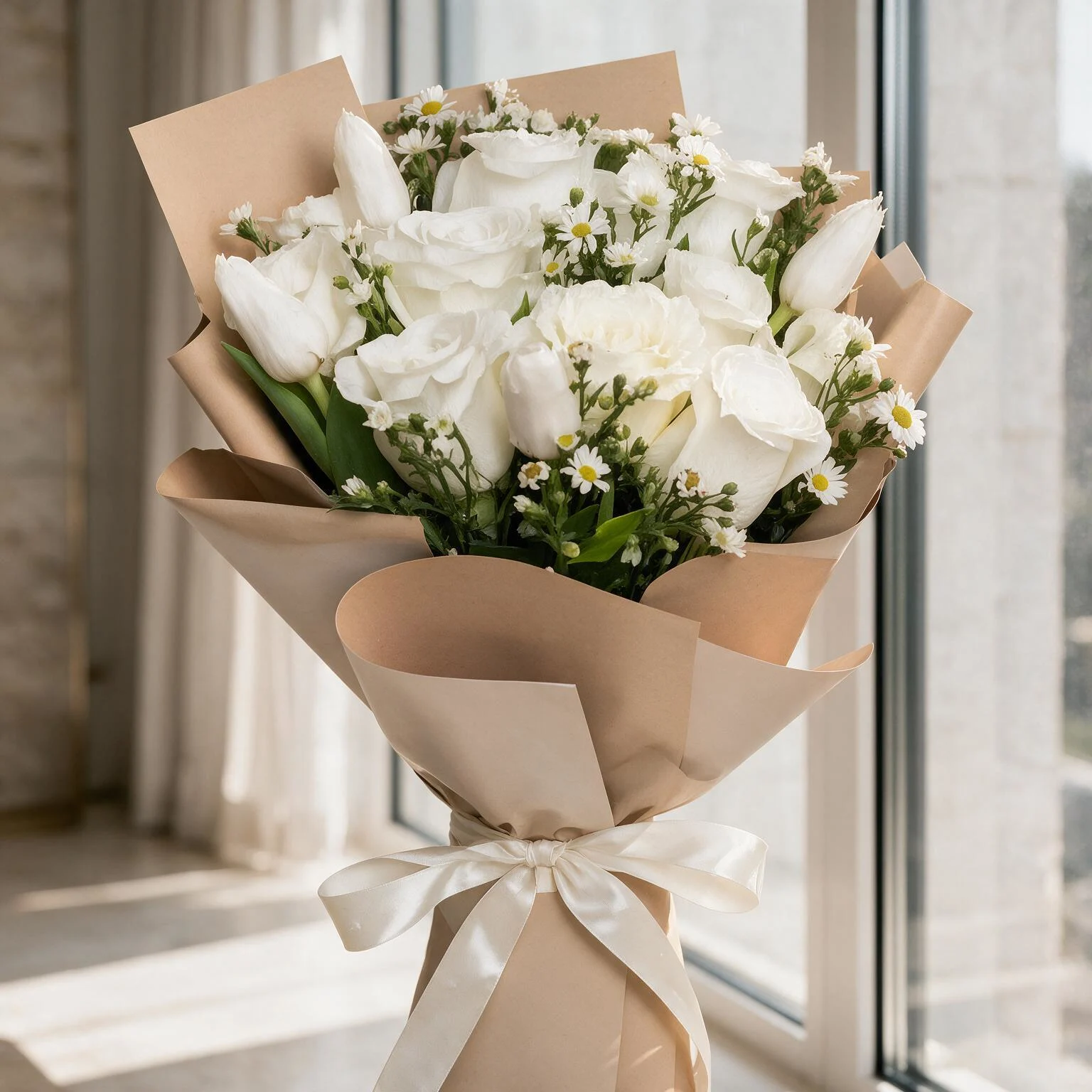 White rose and tulip bouquet with 10 roses, 5 tulips and white filler flowers