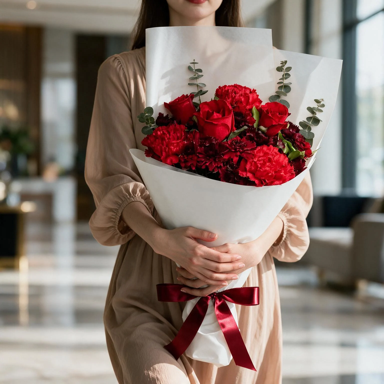 Red roses and carnations bouquet with eucalyptus and red ribbon
