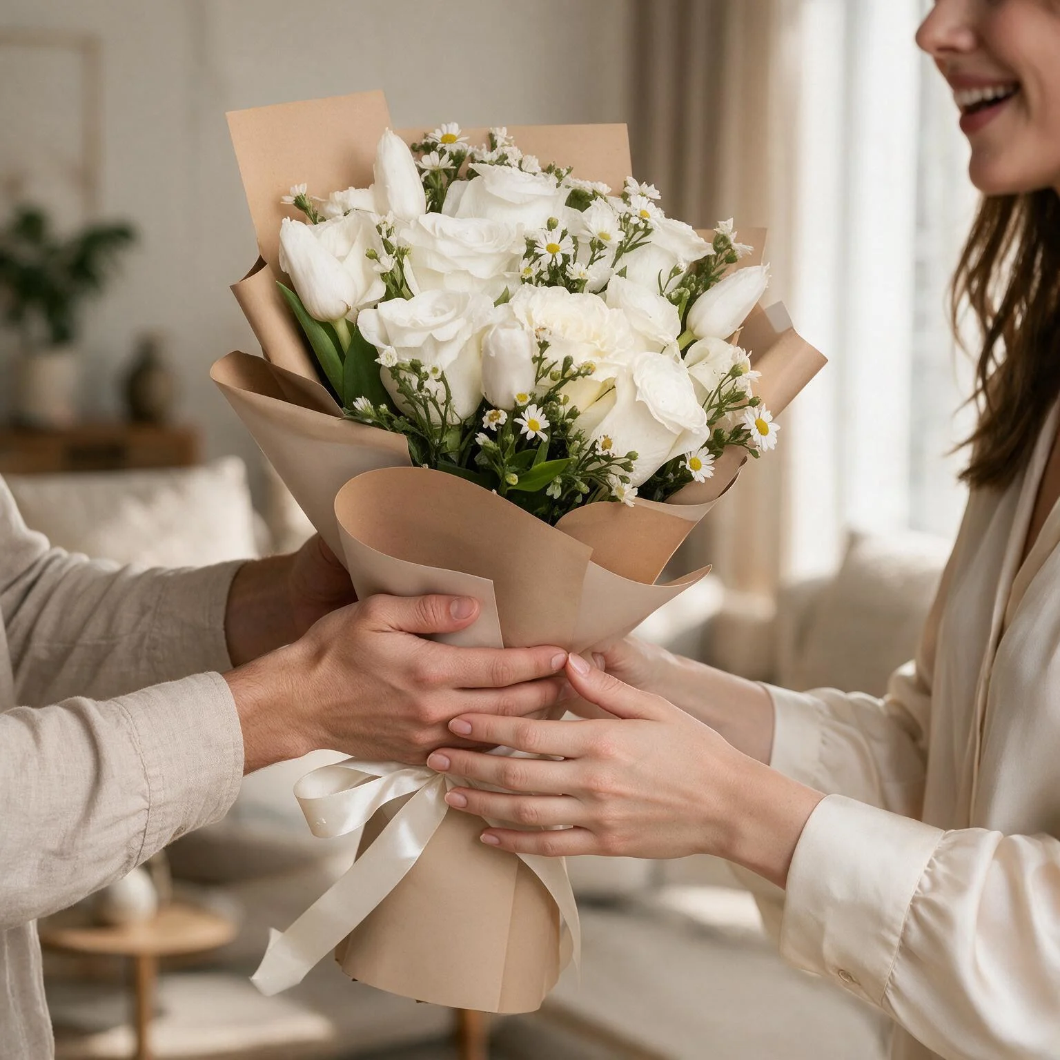 White rose and tulip bouquet with 10 roses, 5 tulips and white filler flowers