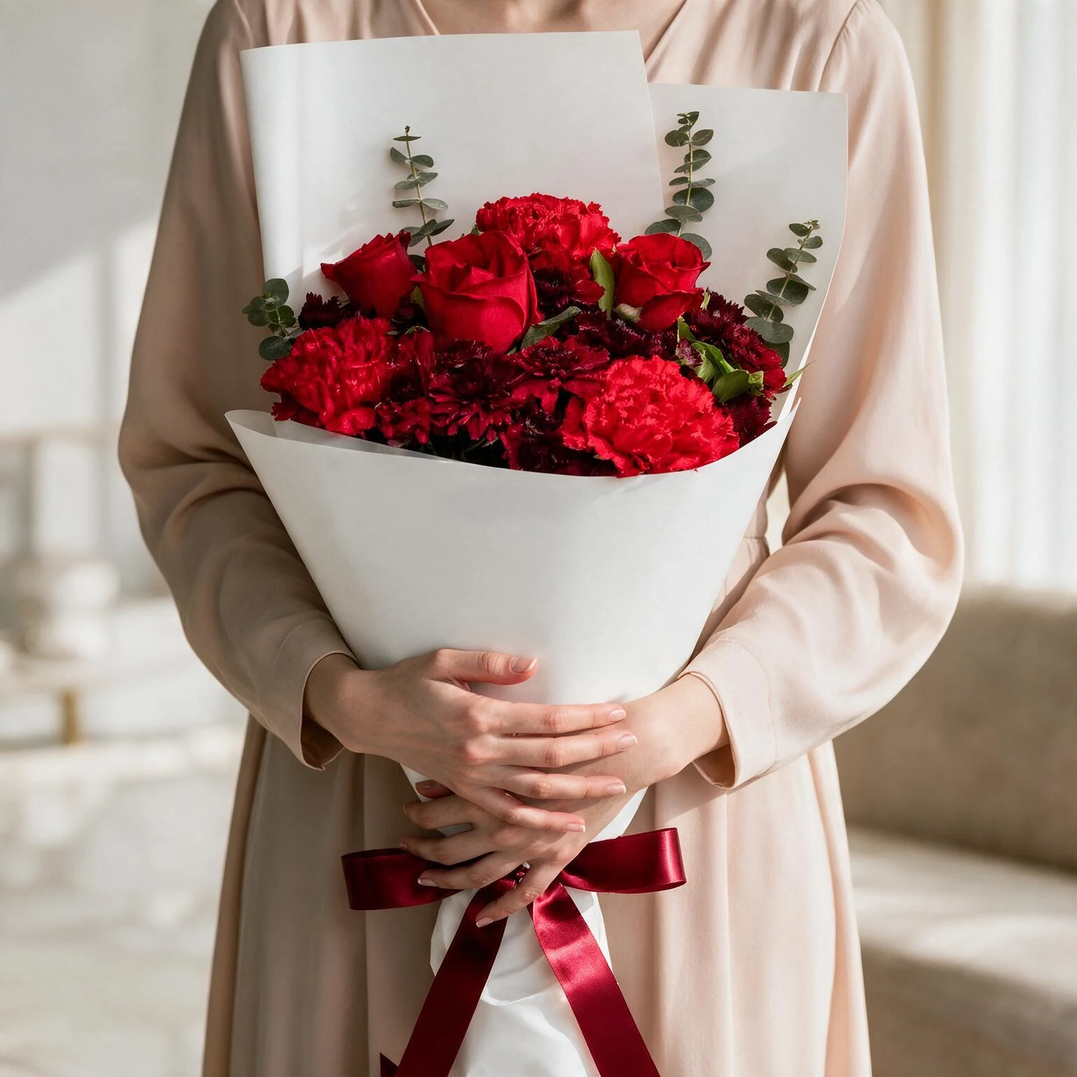 Red roses and carnations bouquet with eucalyptus and red ribbon