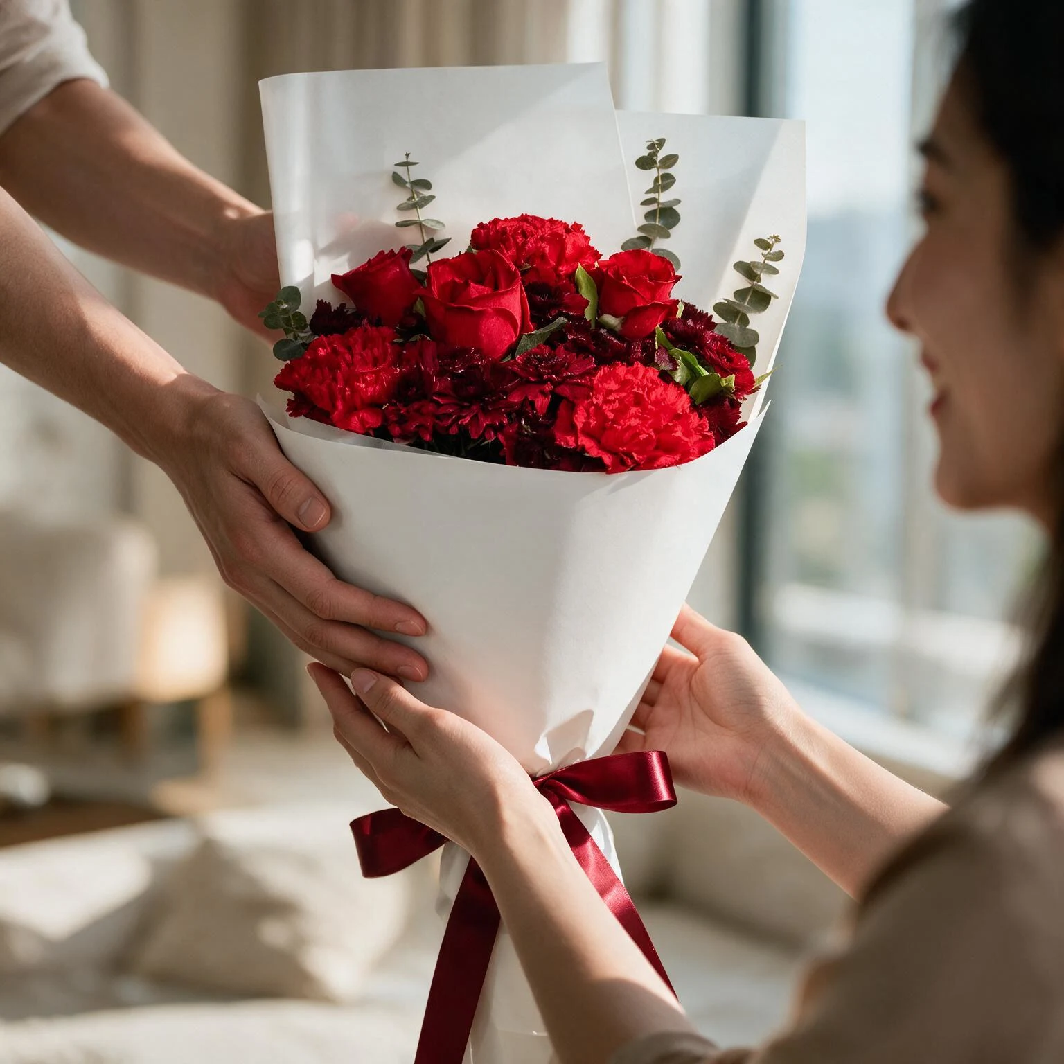 Red roses and carnations bouquet with eucalyptus and red ribbon
