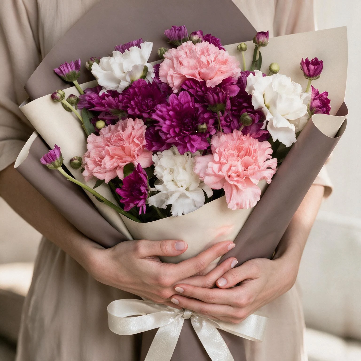 Purple chrysanthemum and carnation bouquet with pink and white carnations