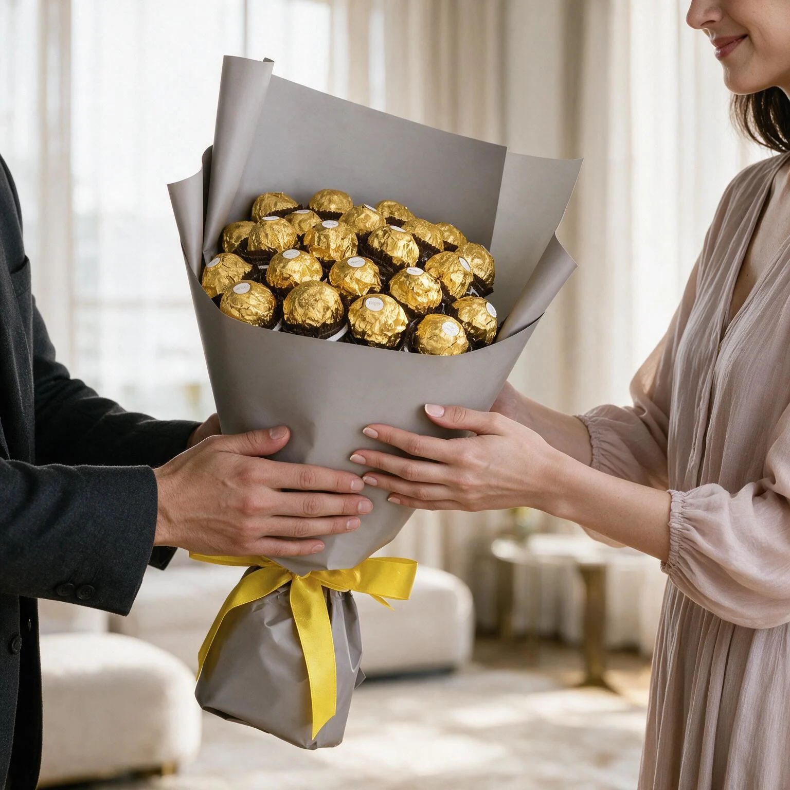 24 Ferrero Rocher chocolate bouquet with white wrapping and yellow ribbon