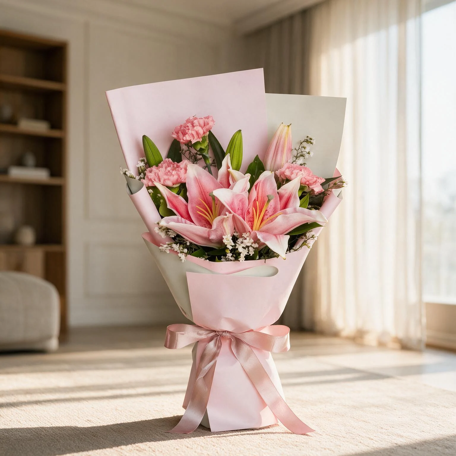 Pink Lily and Carnation Bouquet with white filler flowers and pink wrapping
