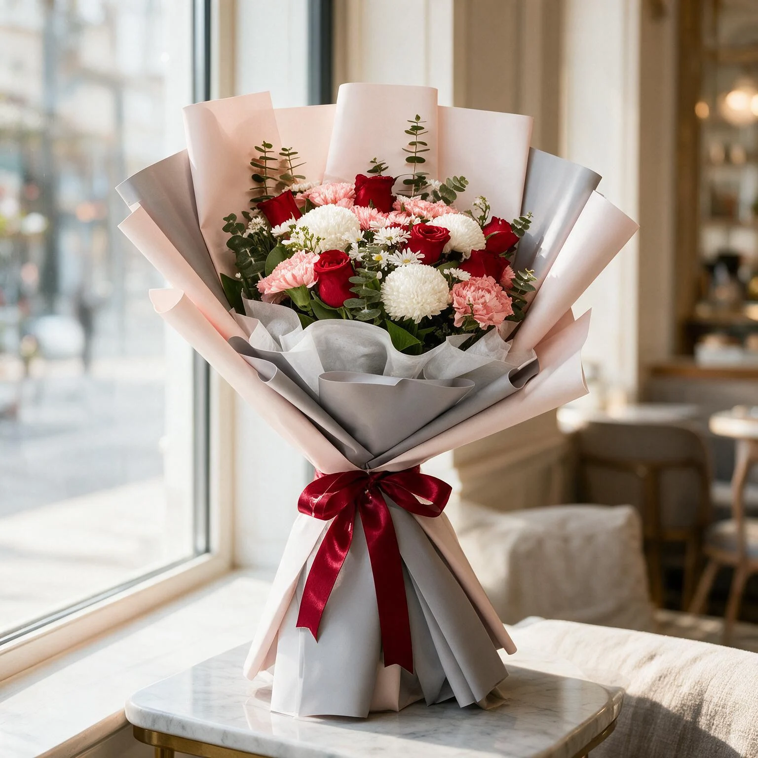 Red rose and pink carnation bouquet with white chrysanthemums and eucalyptus